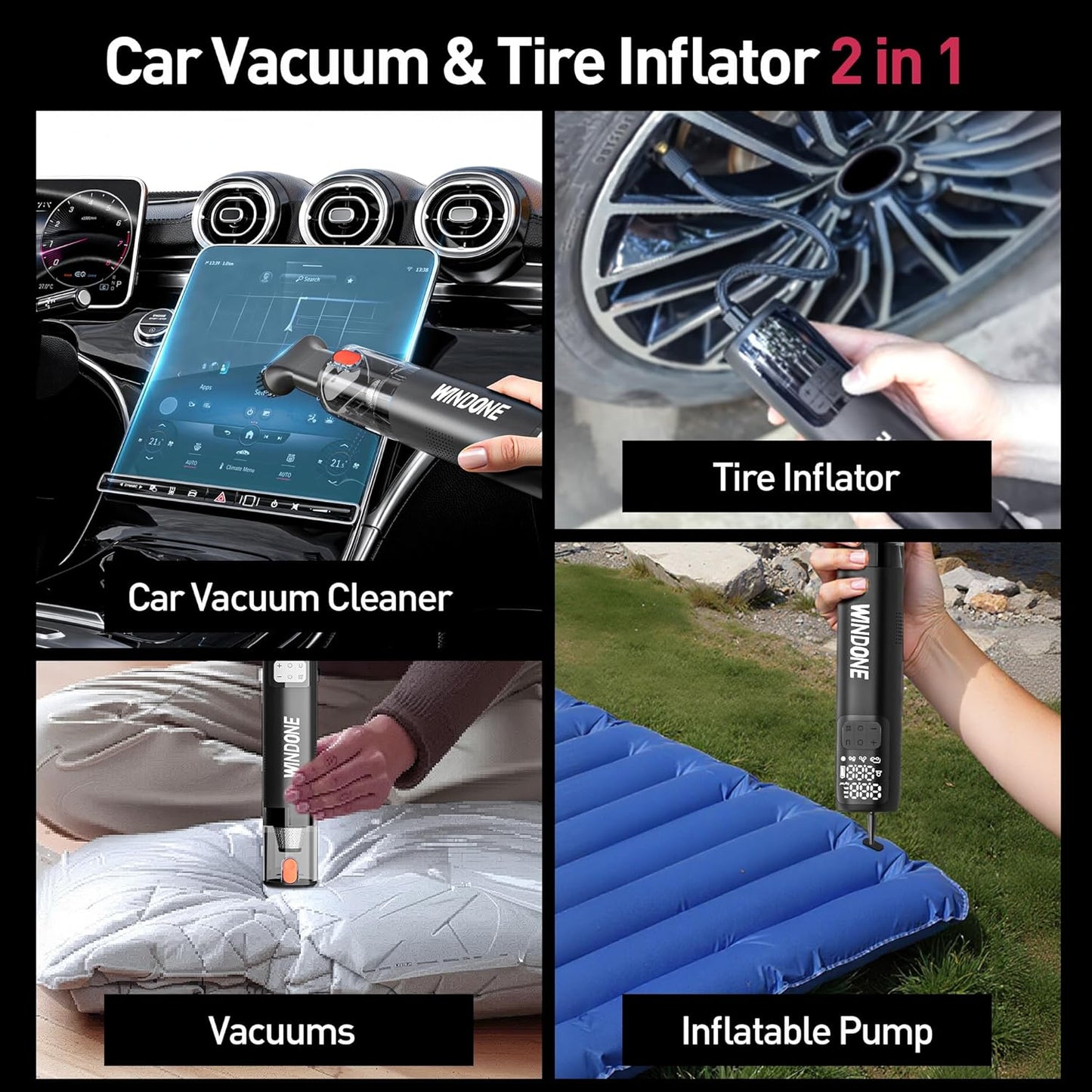 Windone Car Vacuum, 12000Pa 2-in-1 Cleaner & Tire Inflator 150PSI, 60W Brushless Motor, Cordless