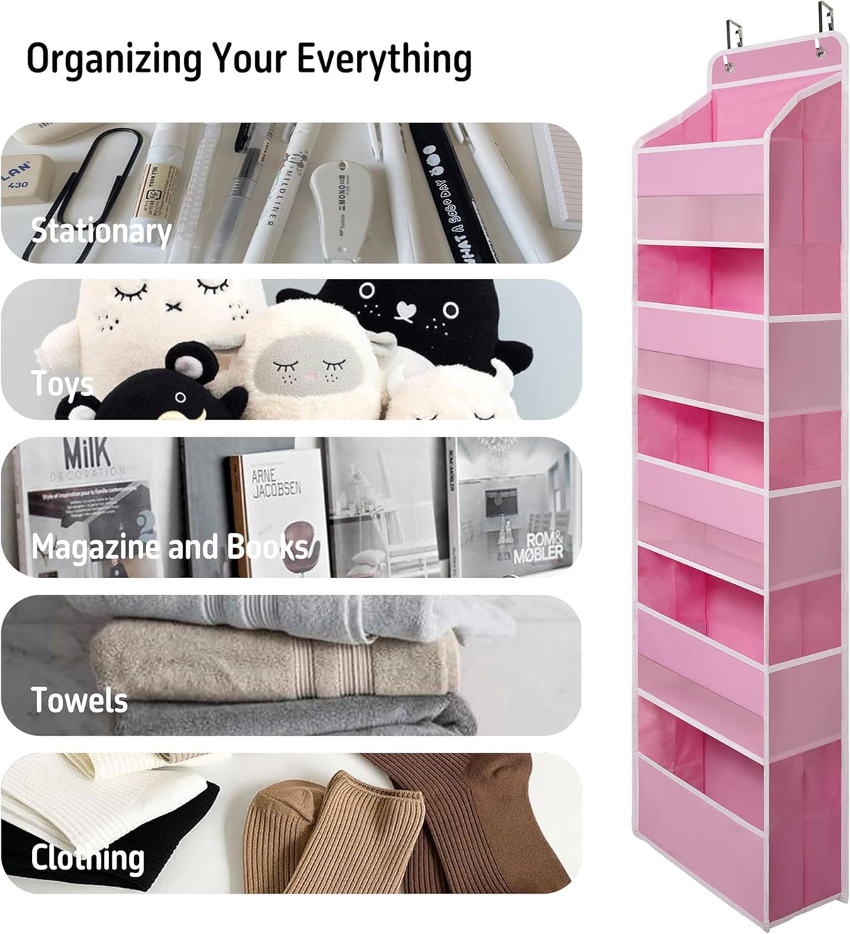 Over Door Organizer with 5 Large Pockets, Heavy Duty Hanging Organizer Storage, Closet Bathroom
