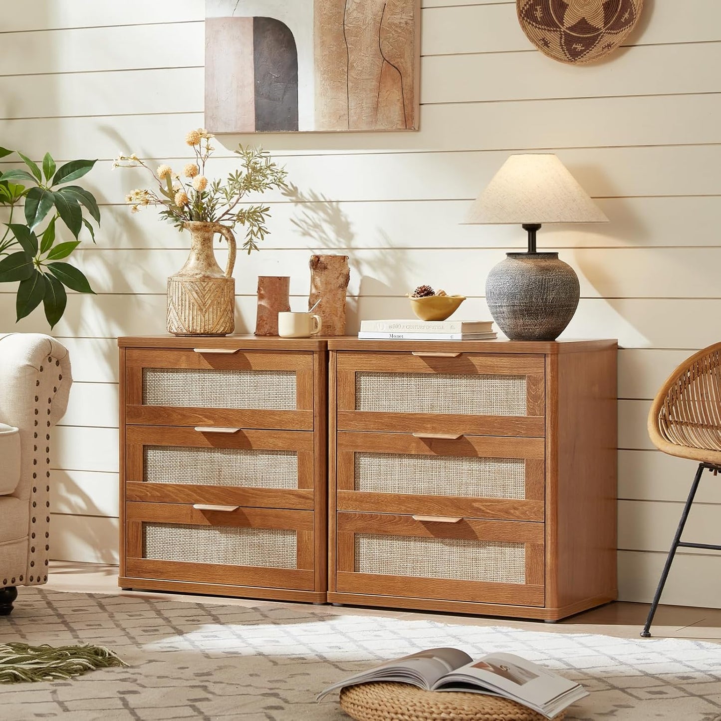 LEYAOYAO Rattan Night Stand Set of 2 with Drawers, 23" Large 3 Drawer Boho Nightstand, Natural Wood