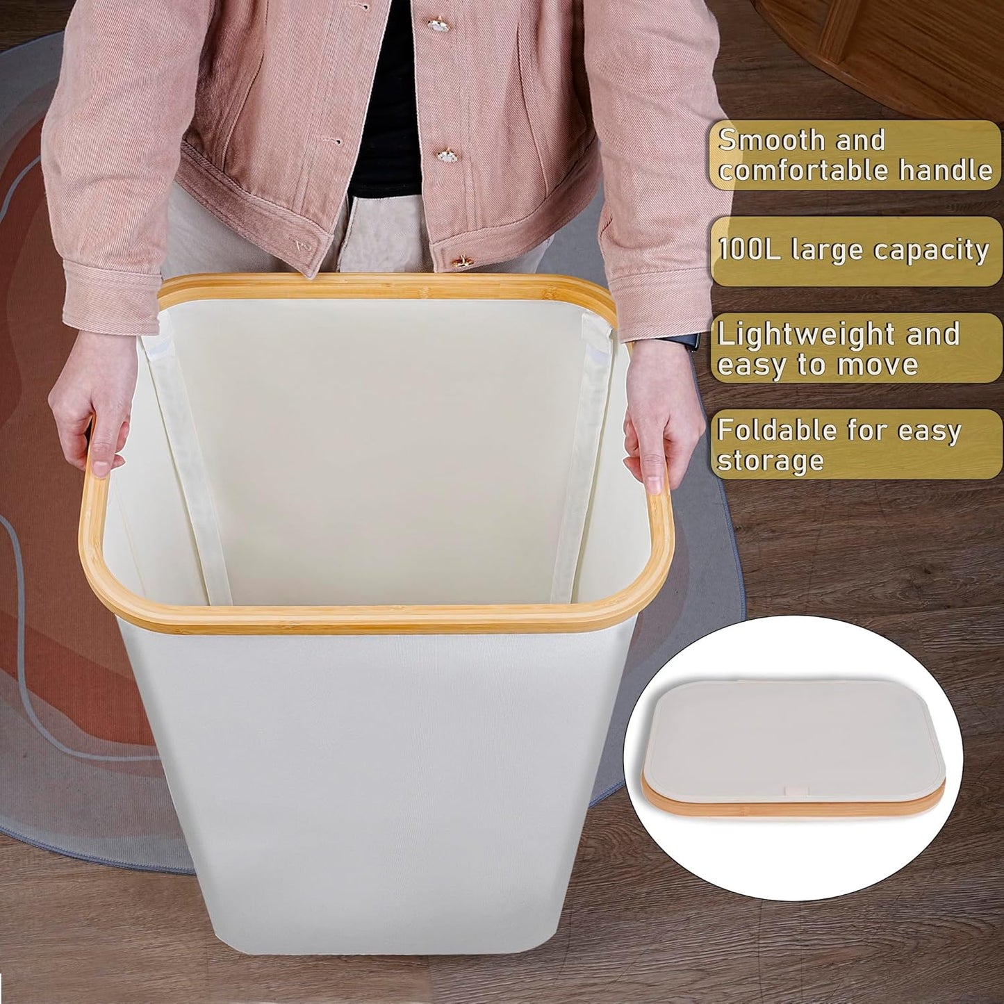 100L Laundry Hamper with Lid, Lagre Basket with Bamboo Handles,Foldable Clothes Hamper Tall Dirty