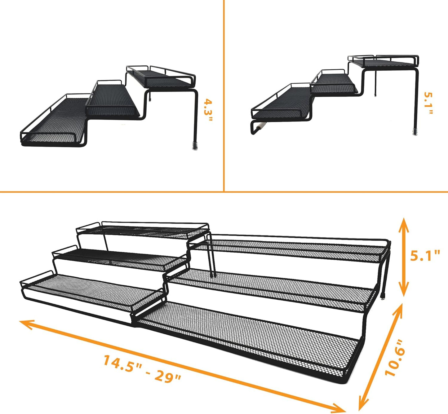 3 Tier Wide Expandable Cabinet Spice Rack Organizer (14.5" to 29.1") - Step Shelf with Protection