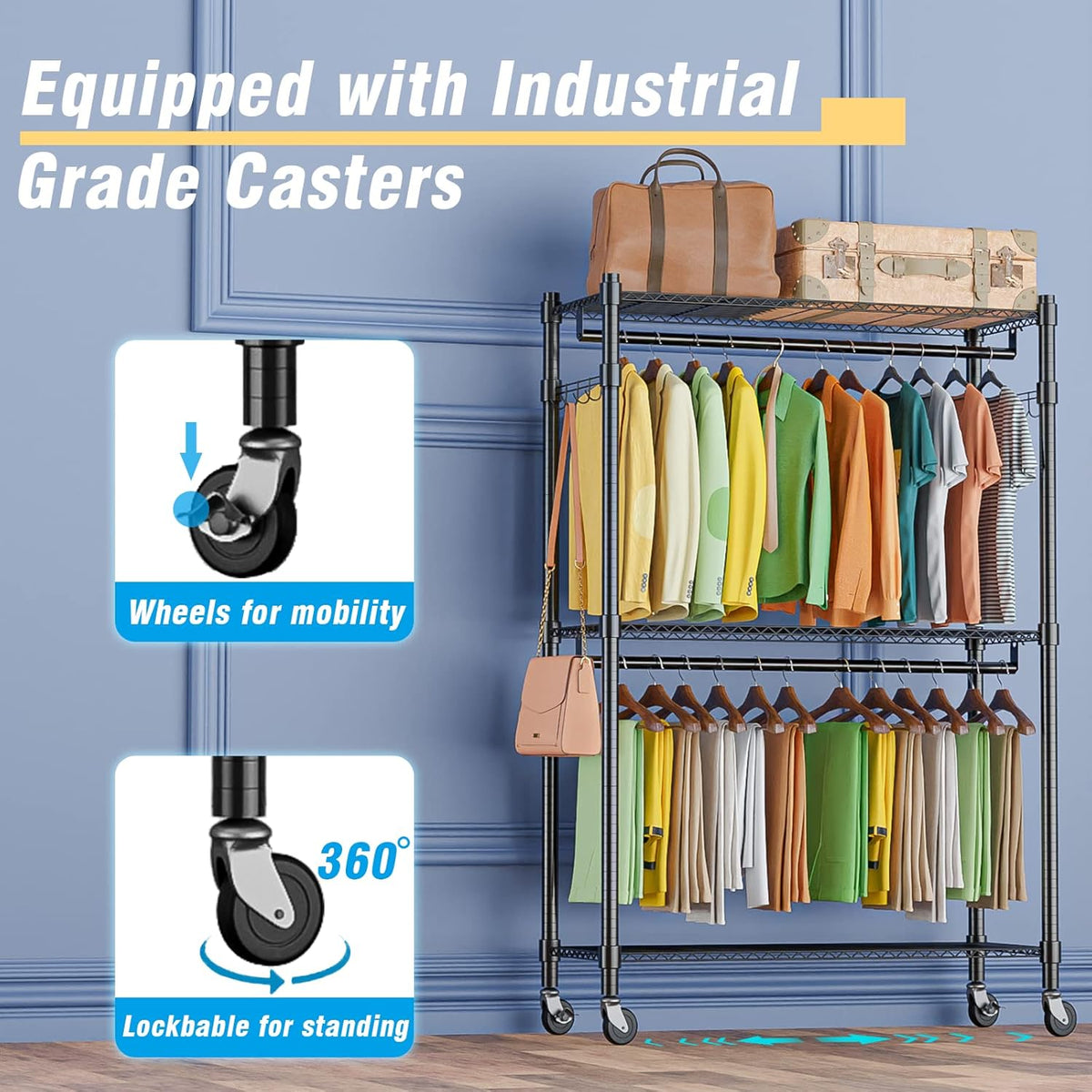 Homdox Rolling Garment Rack with Double Rod, Heavy Duty Clothing Rack with Shelves, Portable
