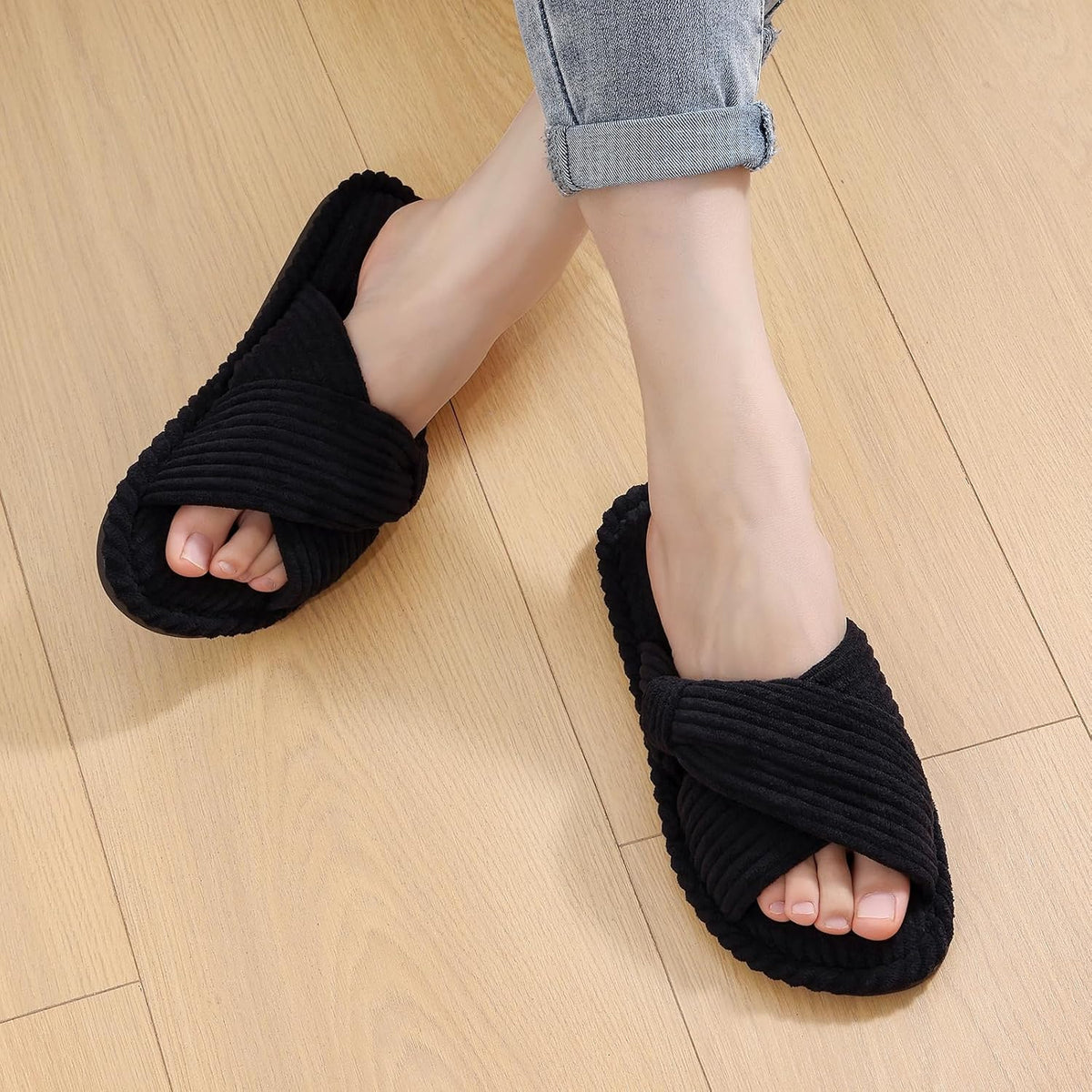 Evshine Summer House Slippers for Women Corduroy Cross Bow Indoor Slippers Open Toe Slip On Bedroom