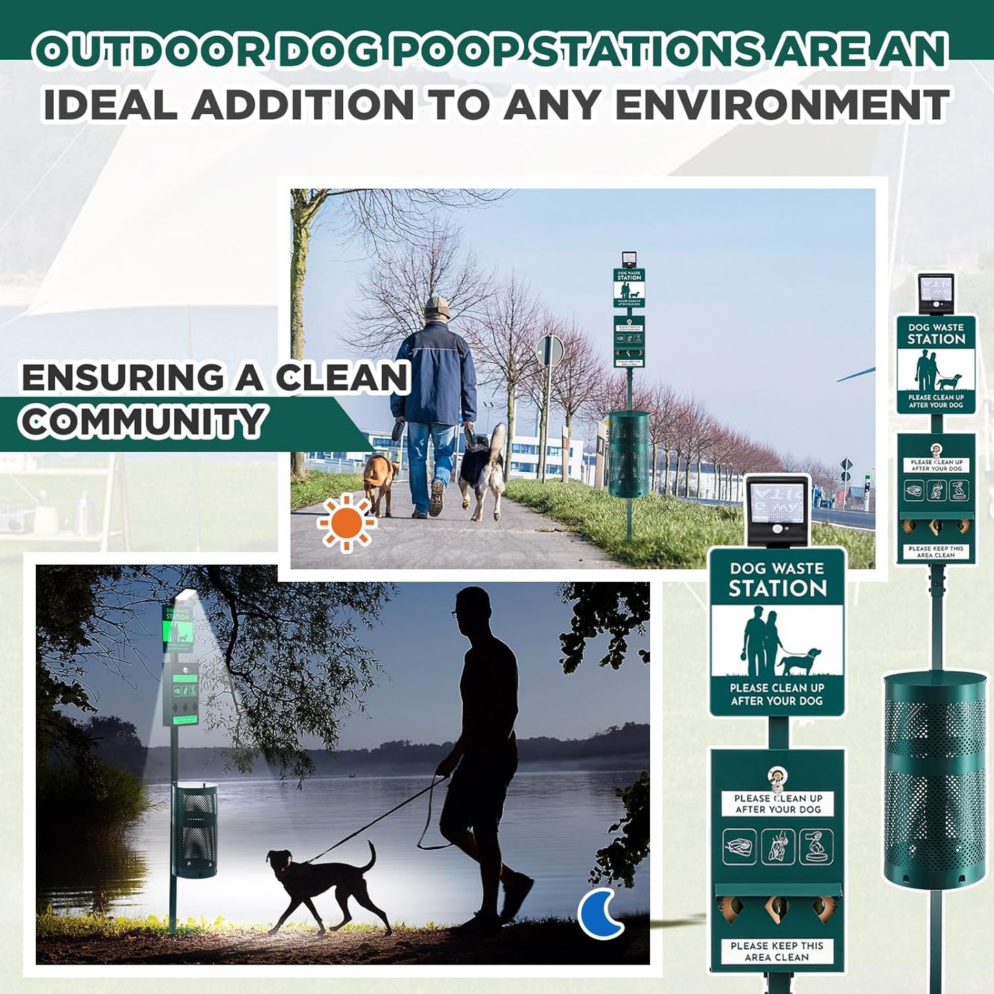 Dog Waste Station with Solar Panels Outdoor LED Galvanized Steel Dog Trash Bin with Poop Bag