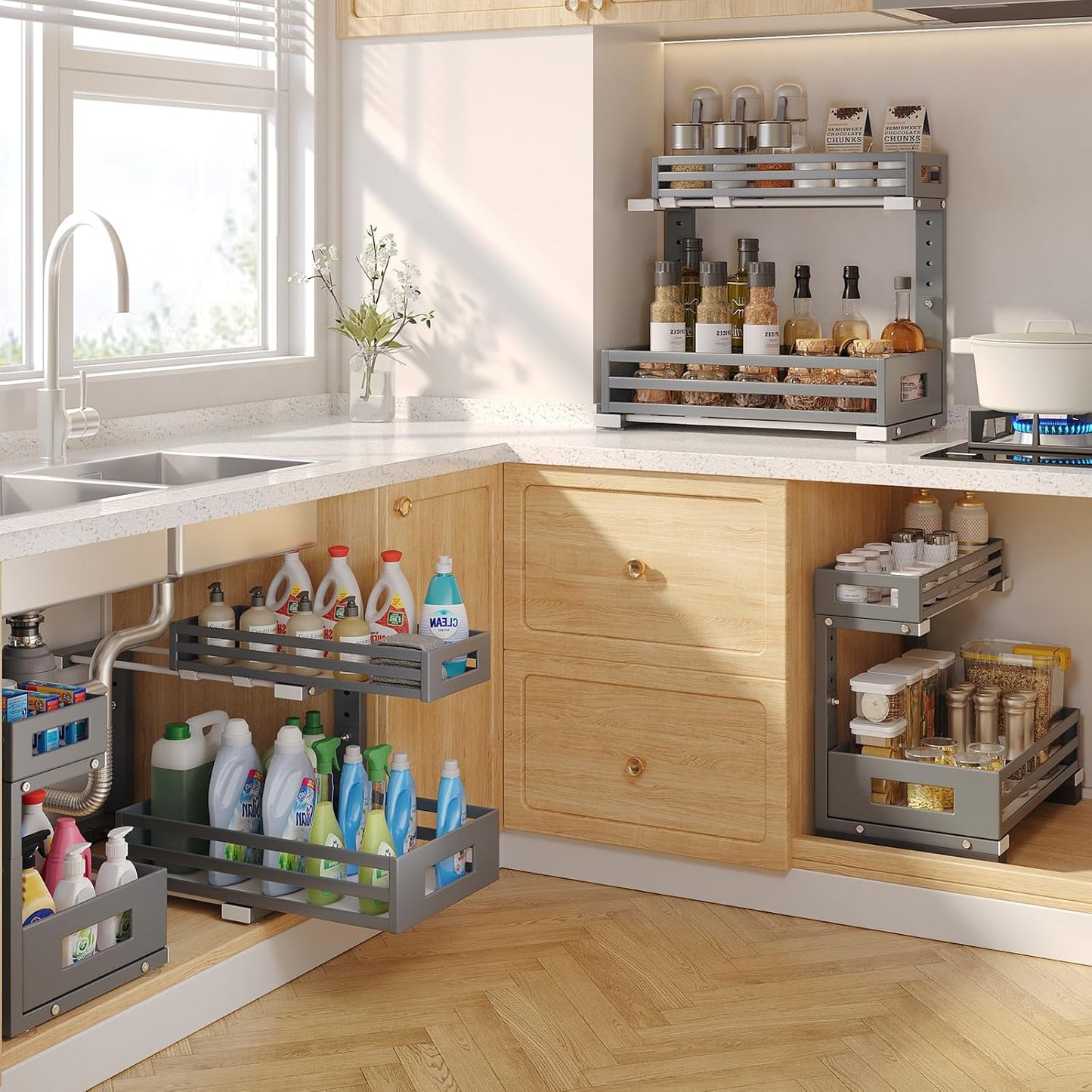 2-Pack Under Sink Organizers and Storage,2-Tier L Shape Pull Out Cabinet Organizer With Round Tube