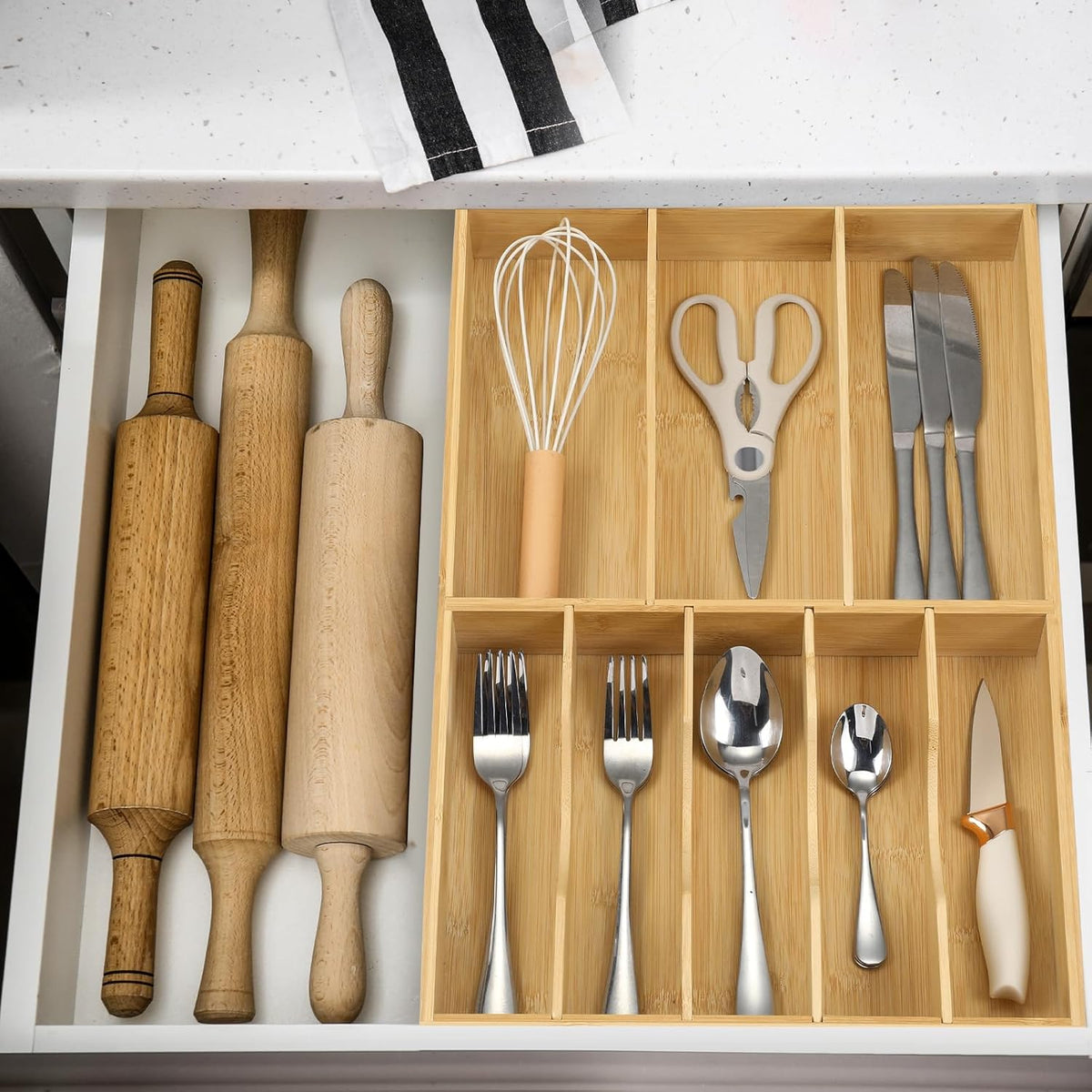 Fabsome Silverware Organizer for Kitchen Drawers, 2.5'' Deep 12.8'' Wide Bamboo Wood Flatware Tray