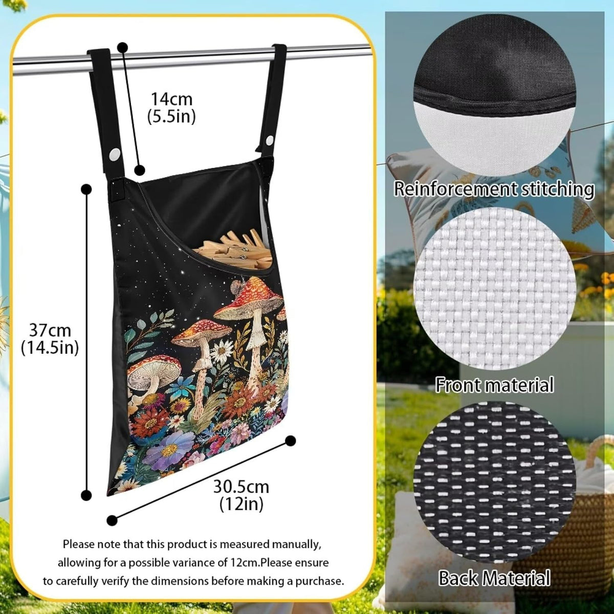 Mushroom Clothespin Storage Hanger Bags Laundry Clothespin Bag, Clothespin Bag with a Large