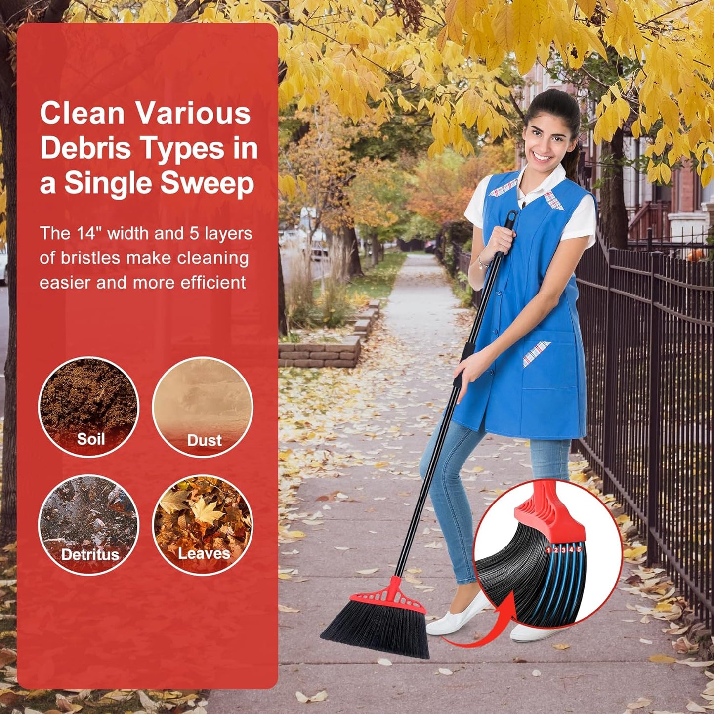 Heavy Duty Angle Broom - 55" Adjustable Iron Handle with Stiff Bristles - Commercial-Grade