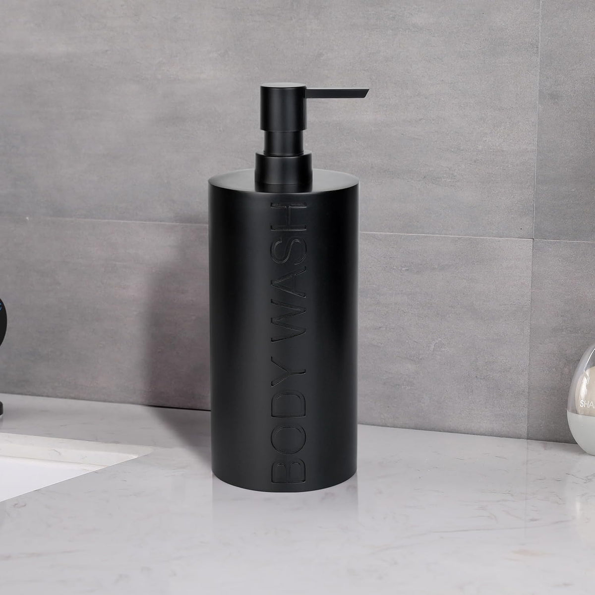 Matte Black Body Wash Dispenser Luxurious Refillable Pump Bottle with Embossed Text, Durable