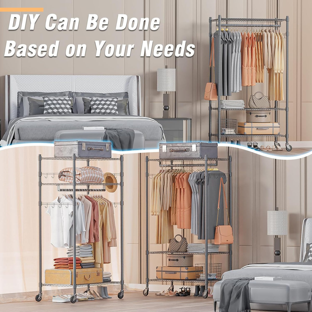Homdox Garment Rack Heavy Duty, 3 Tier Rolling Clothing Racks for Hanging Clothes, Metal Wardrobe