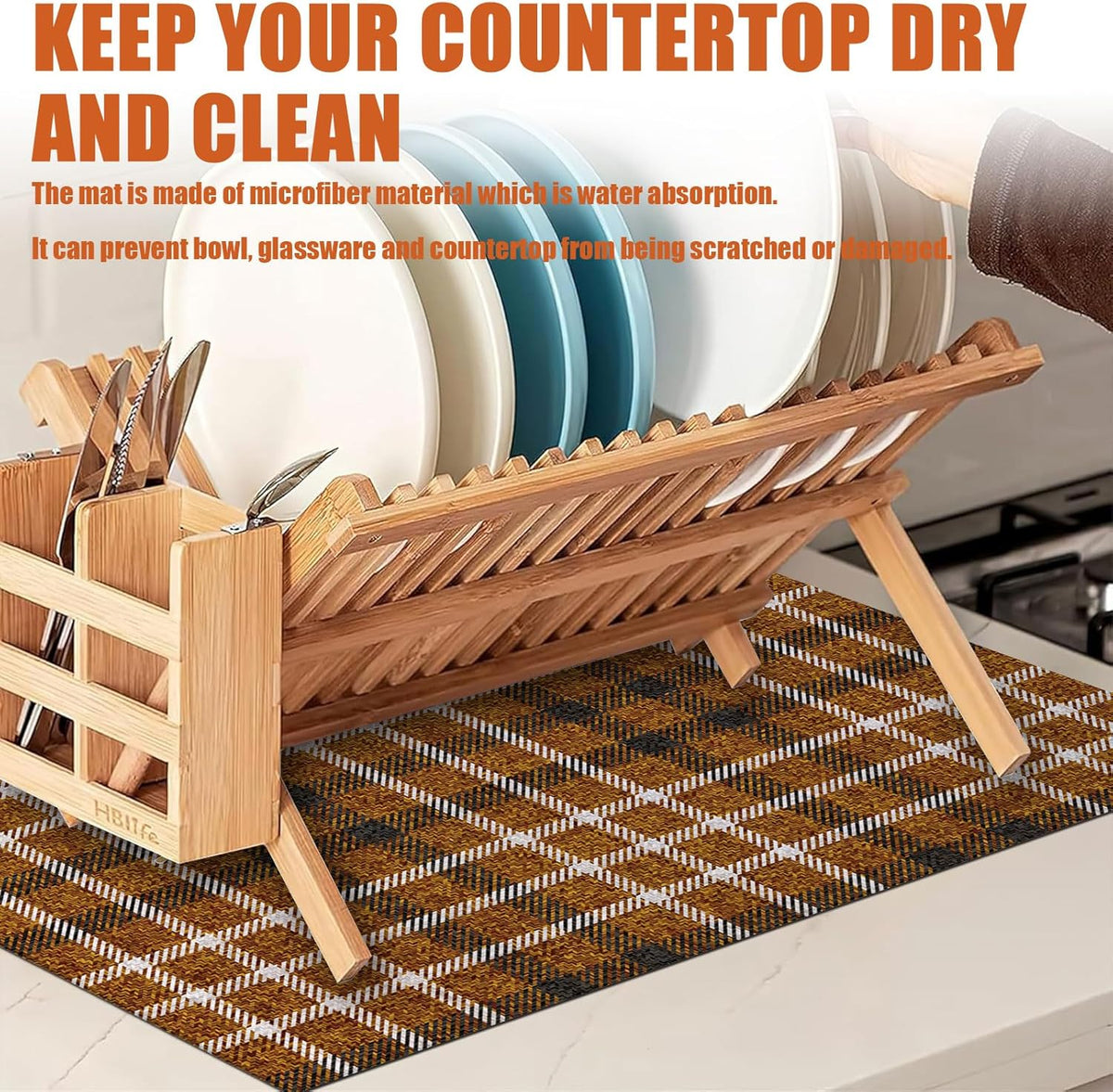 Brown Plaid Dish Drying Mat for Kitchen Counter Microfiber Absorbent Dish Kitchen Drying Mat