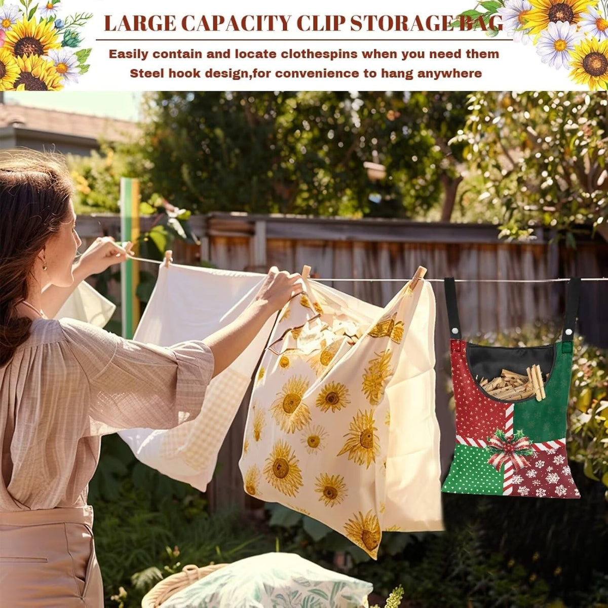 Christmas 2025 Adjustable Clothespin Storage Bag - Hanging Rope Organizer for Indoor/Outdoor