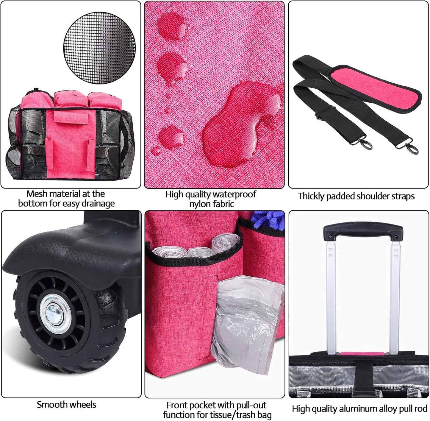 Extra Large Rolling Cleaning Caddy Bag with Detachable, Foldable Trolley Portable Cleaning Cart for