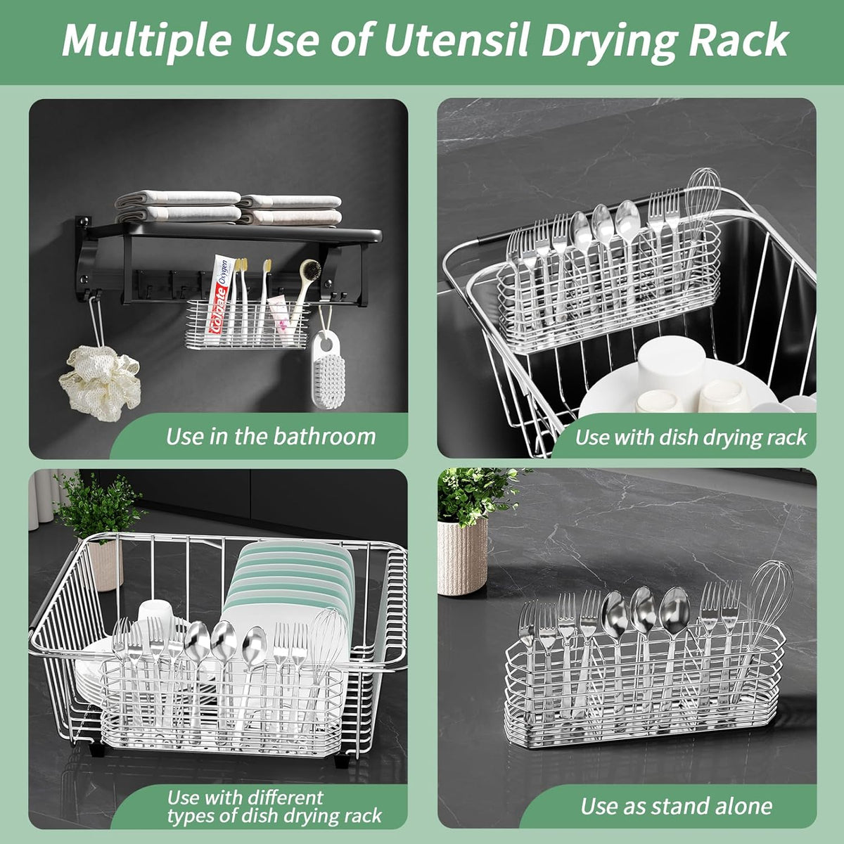 304 Stainless Steel Utensil Holder, Silverware Drying Rack with Hooks for Dish Drainer, Knife and