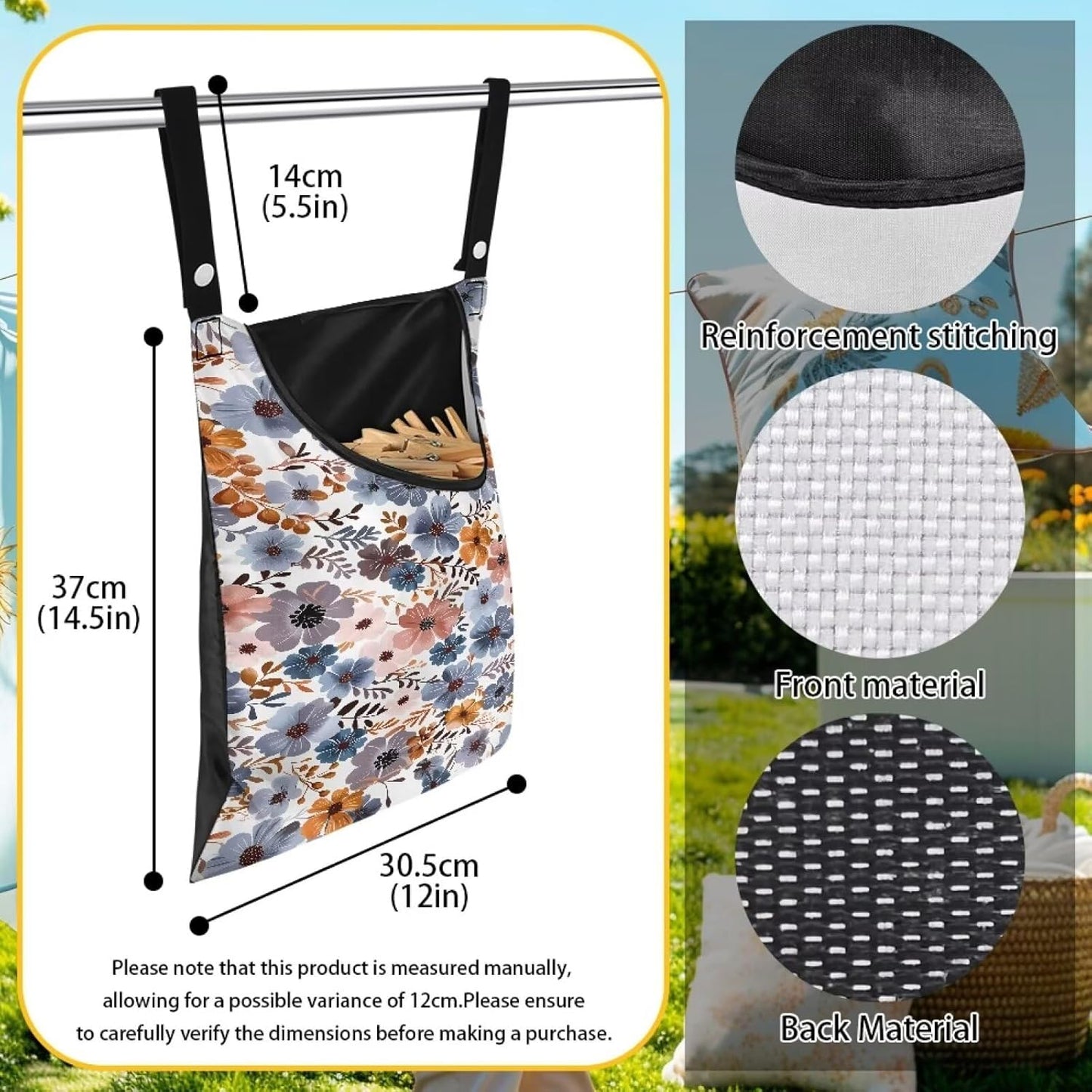 Blue Flowers Clothespin Organizer Bag Hanging Laundry Bag Portable Clothespin Storage with Hanger