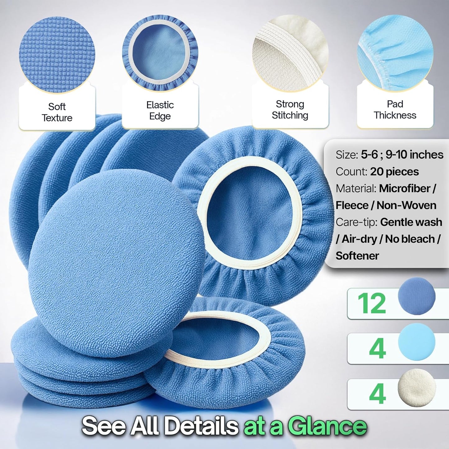 6 Pack Buffing Pads, Polishing Pad Covers, Microfiber & Wool for 5–6 Inch Buffer Polisher; Car