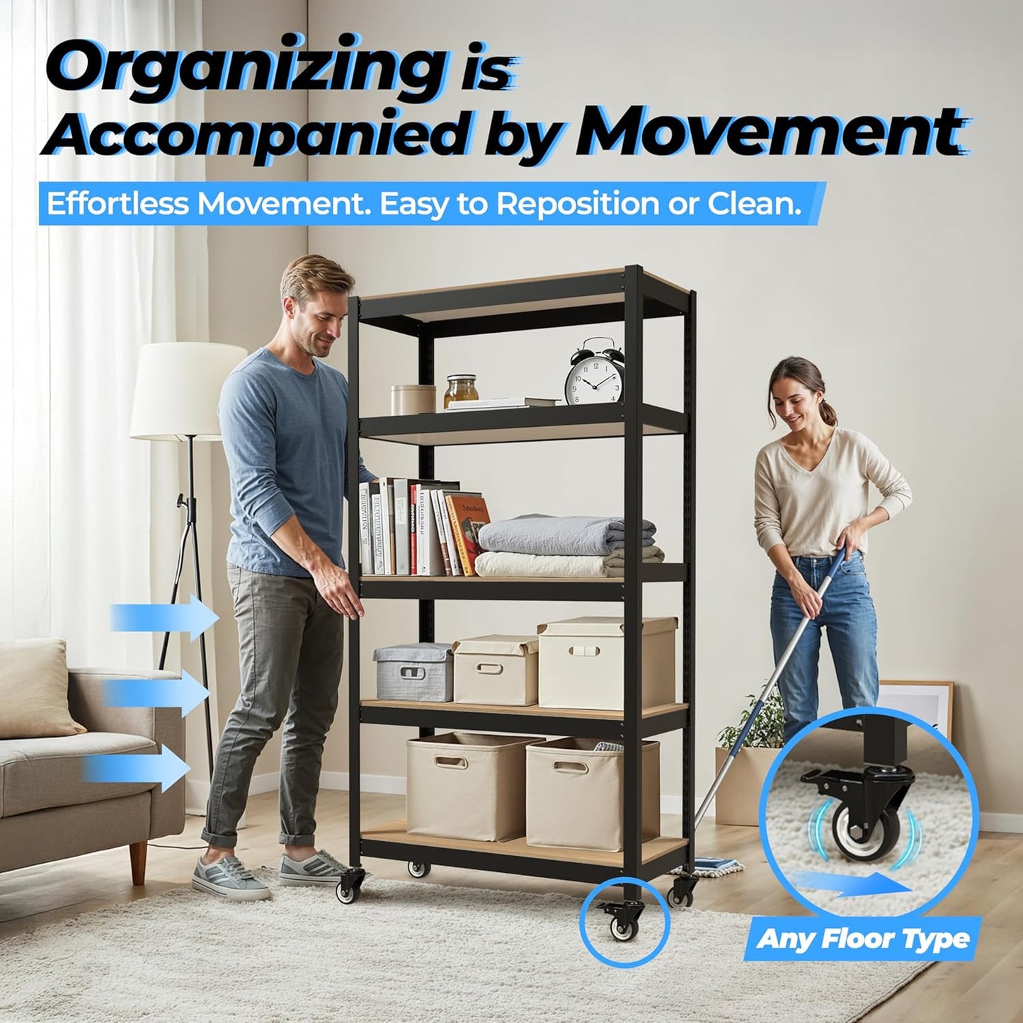 HOMEDANT House 5-Tier Metal Rolling Cart Shelf Rack Casters Heavy Duty Laminated Wheel Shelving