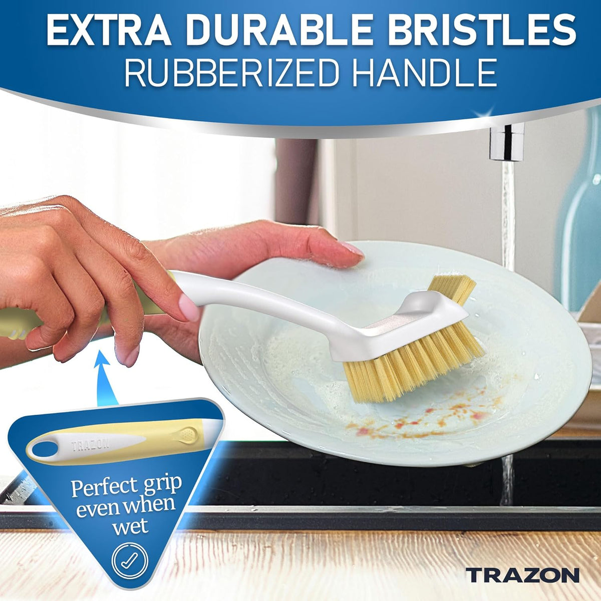 Dish Brush Set of 5 with Holder - Kitchen Scrub Brushes with Non-Slip Long Handle for Cleaning