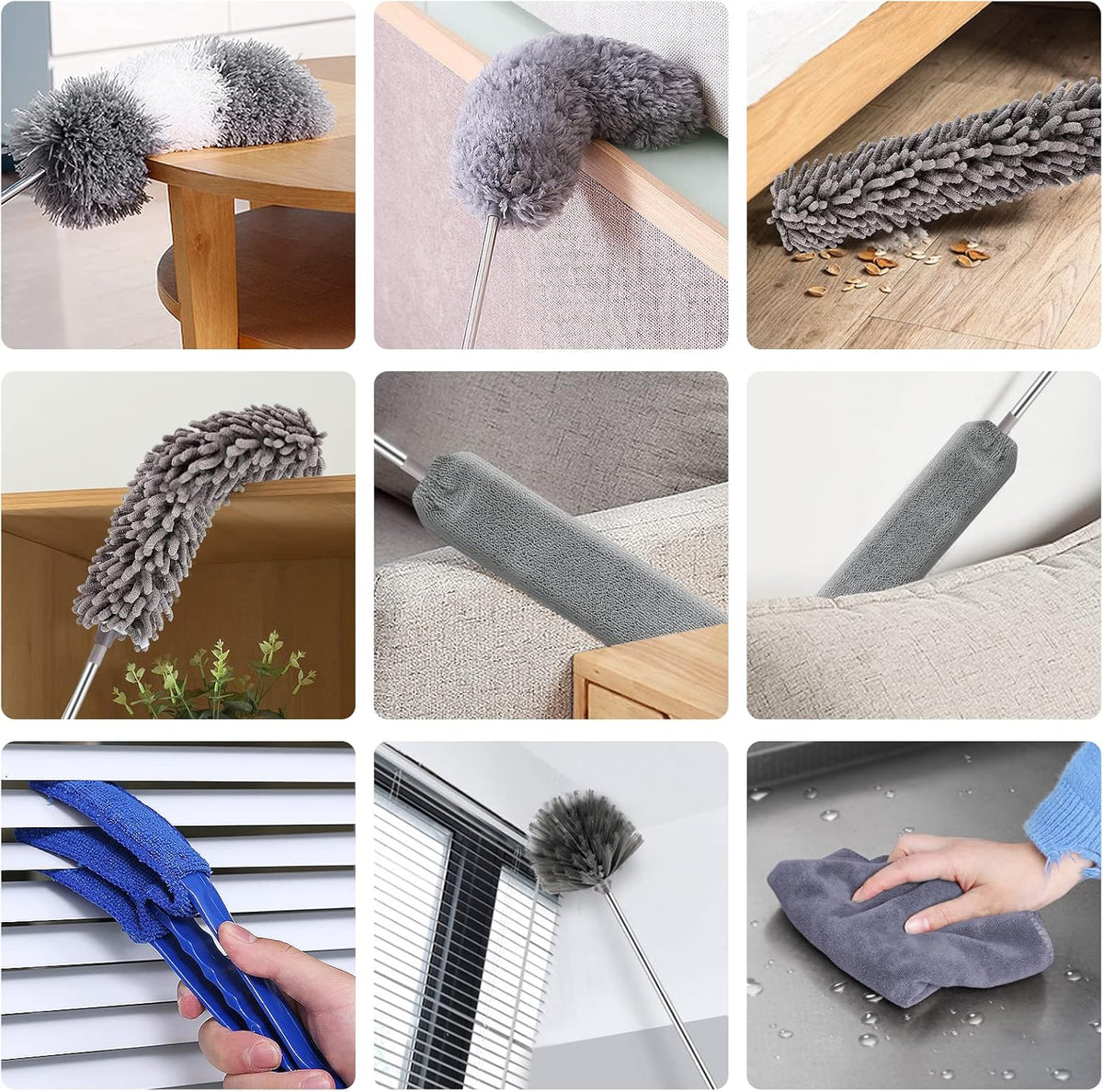 Microfiber Duster Kit (11PCS) - Washable Dusters with Extension Pole (30 to 100 in) for Cleaning