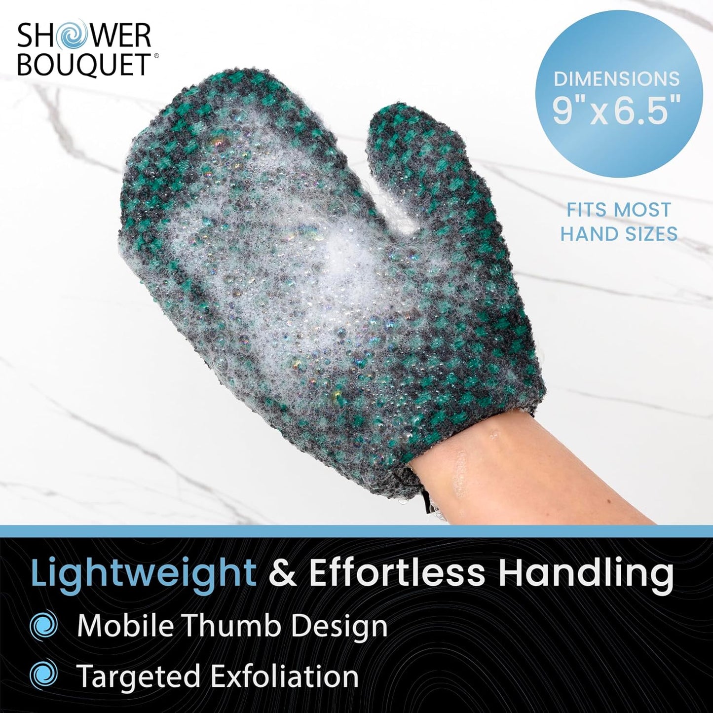 Japanese Exfoliating Mitt 2-Pack - Charcoal & Silver Ion Exfoliating Gloves for Shower - Soft Inner