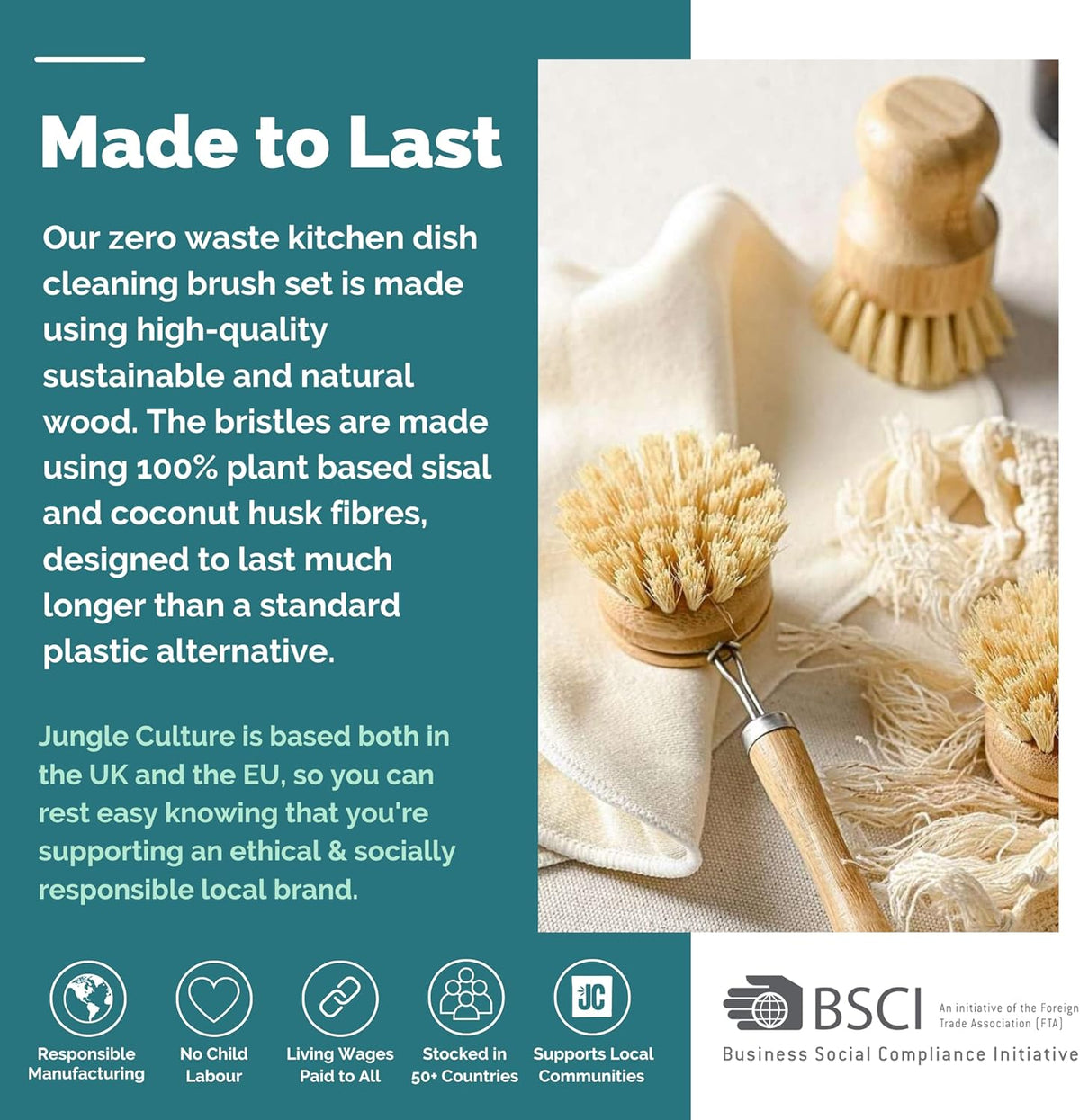 Jungle Culture® 6 Piece Natural Dish Brushes for Washing Up • Eco Dish Brush Kitchen Cleaning Set •