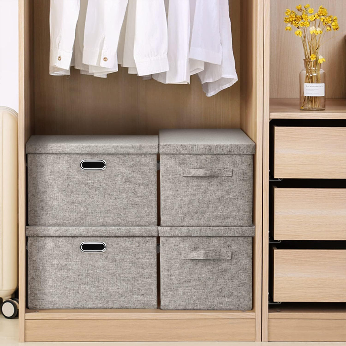 Large 17" 36 Quart Collapsible Stackable Storage Bins with Lids, 5 Packs Beige Linen Fabric Closet
