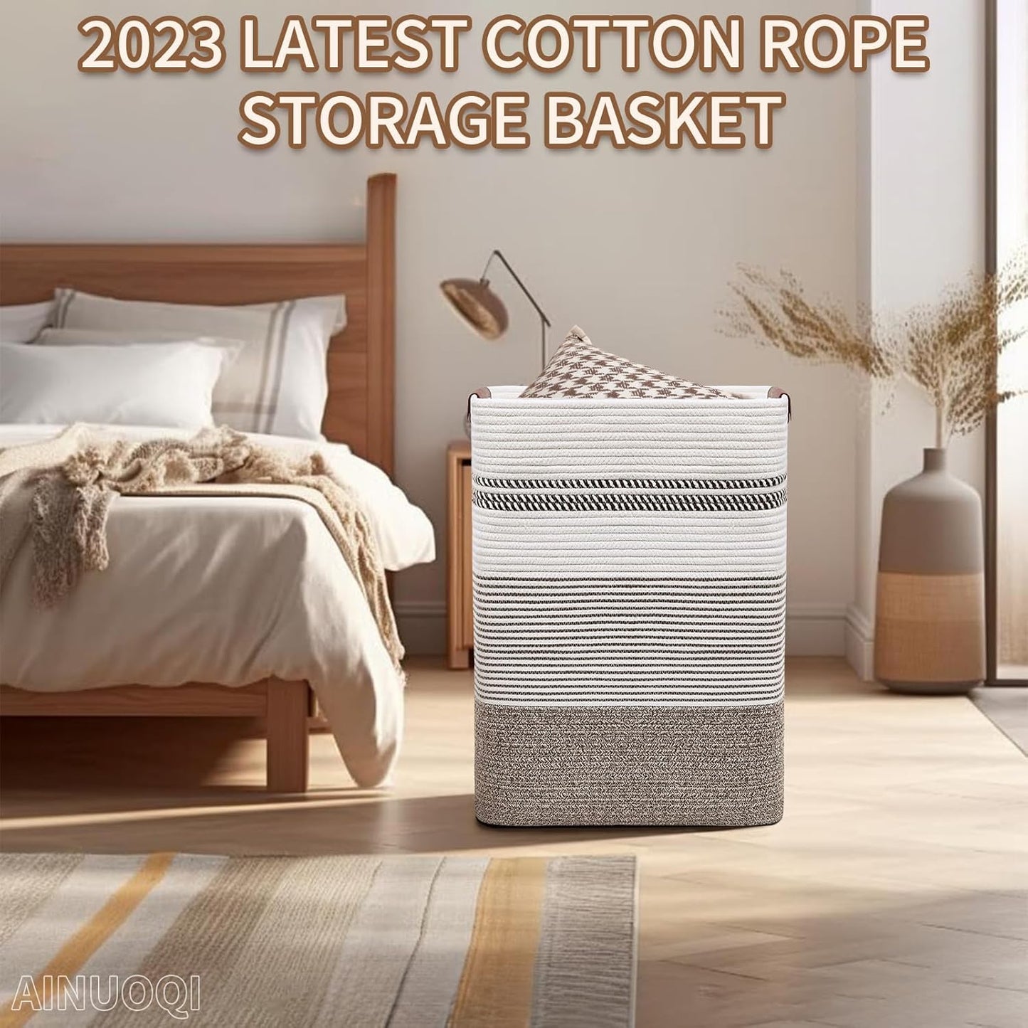 Laundry Hamper - Tall Woven Rope Laundry Basket - Clothes hamper with Leather Handles, 17.8" X