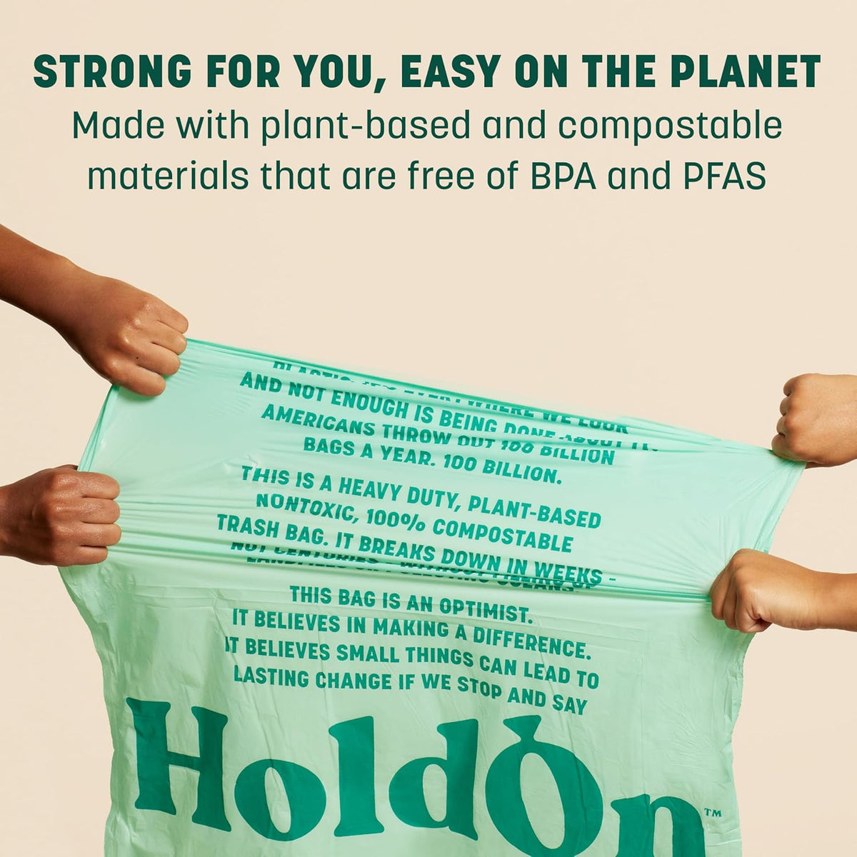 HoldOn 13-Gallon Trash Bags – Plant-based Tall Kitchen Trash Bags with Drawstring Handles for Tall