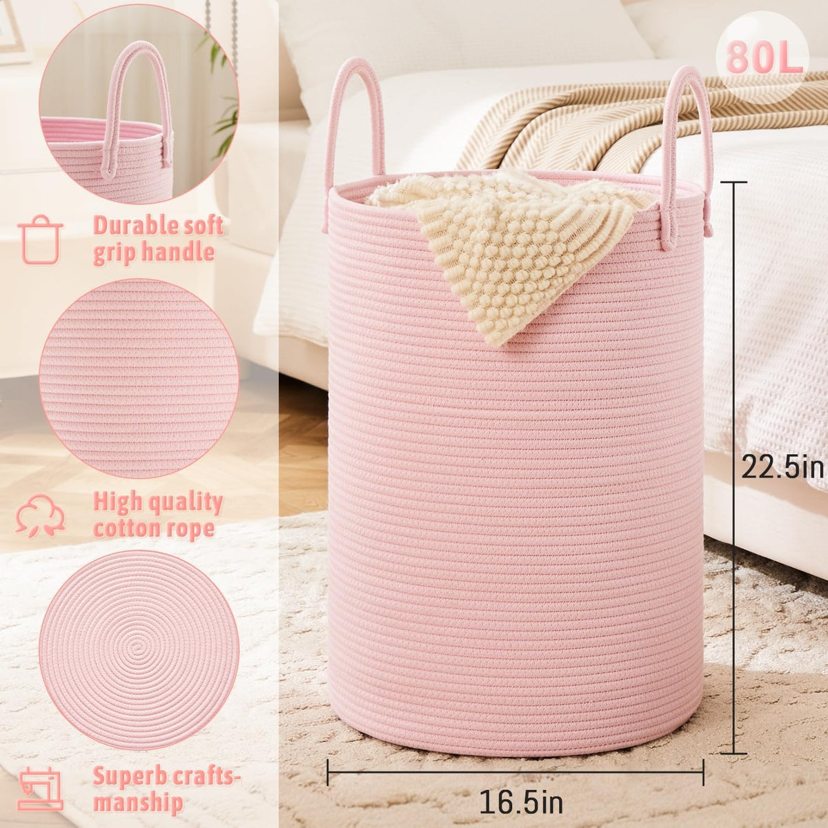 Laundry Basket,Woven Cotton Rope Laundry Hamper,80L for Decorative Storage of Dirty Clothes,Toys