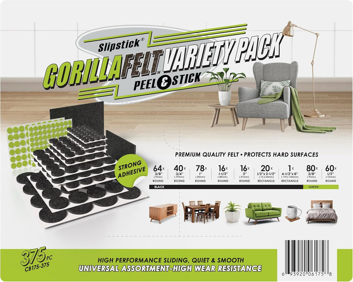 Slipstick Gorilla Felt Furniture Pads (375 Piece Variety Pack) Premium Furniture Pads & Chair Leg