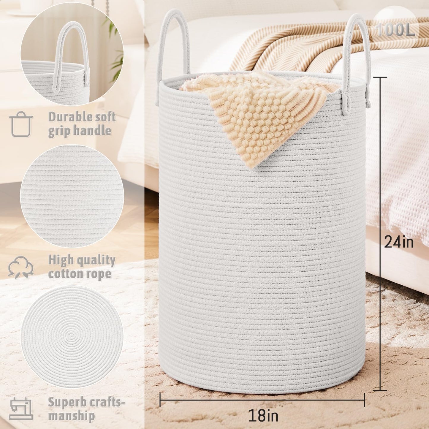 Laundry Basket,Woven Cotton Rope Laundry Hamper,100L for Decorative Storage of Dirty Clothes,Toys