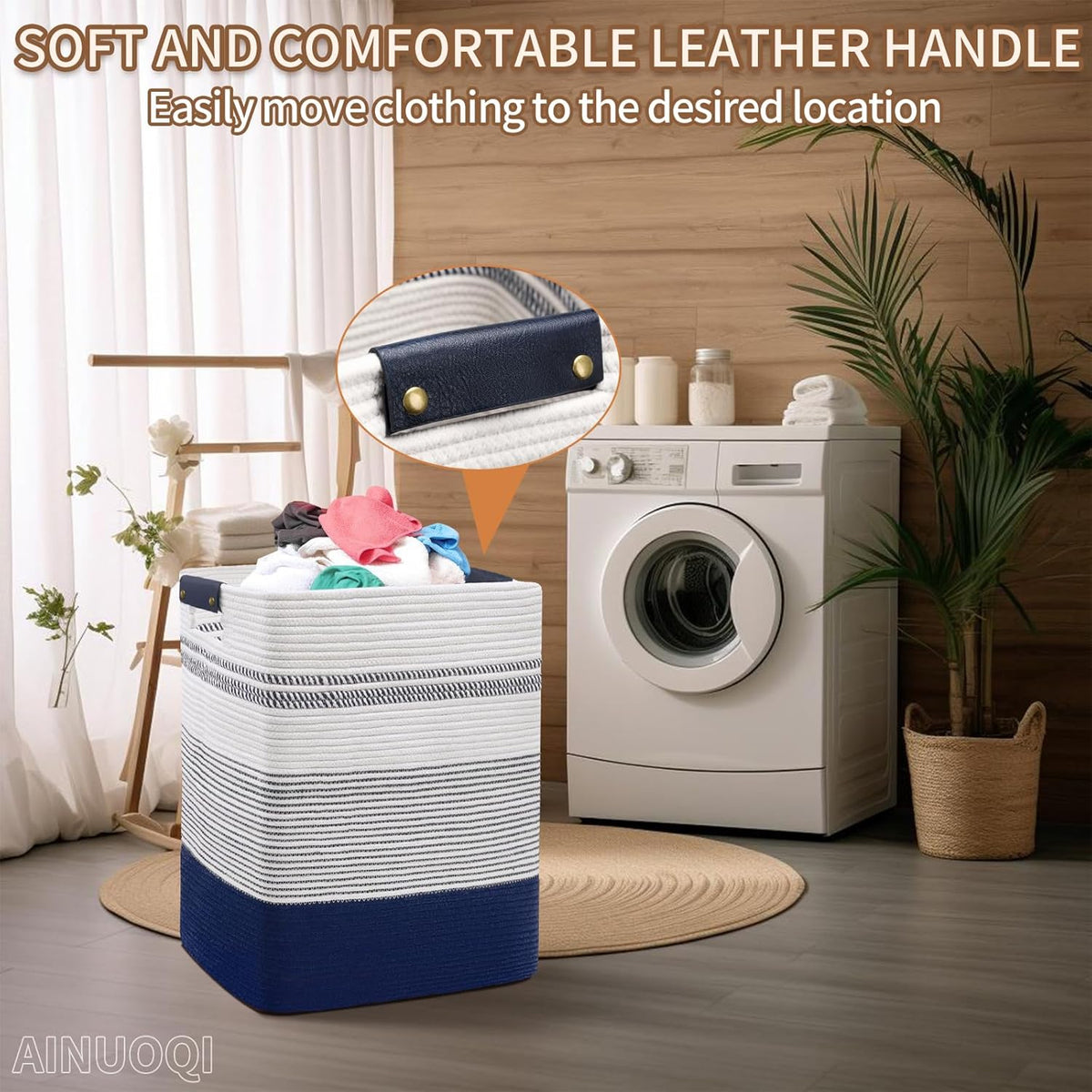 Large Laundry Basket - Tall Woven Rope Laundry Hamper with Leather Handles - Dirty Clothes hamper