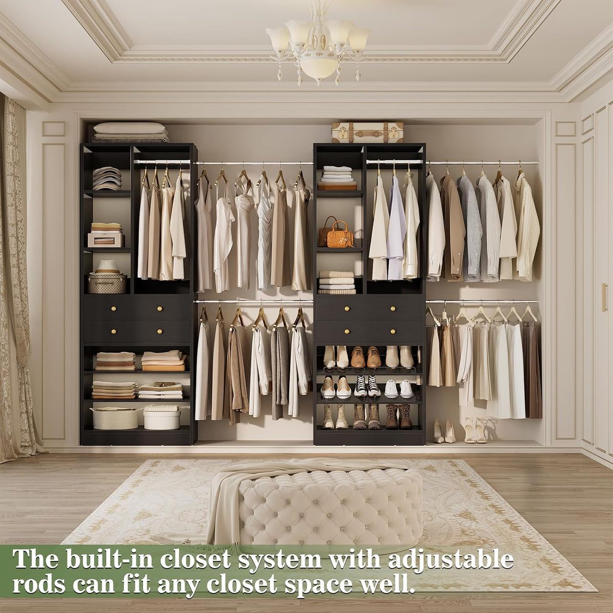 Closet System, Up to 134"/11.2 FT Closet Organizer with 4 Wooden Drawers and Shelves, Walk-in