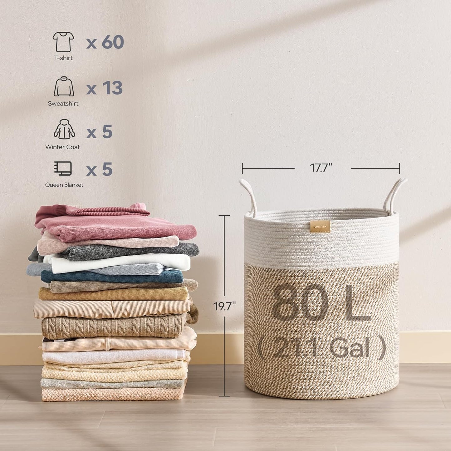 80L Laundry Hamper Basket,Baby Nursery Woven Storage Basket for Toys