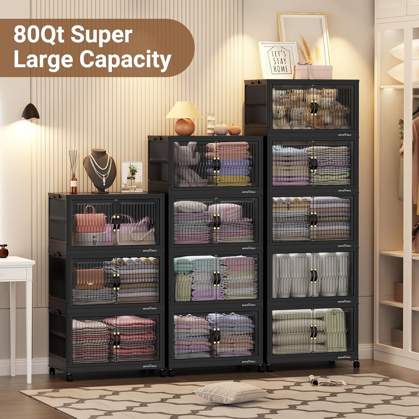 BROVIEW 240Qt Stackable Storage Bins with Lid, Extra Large Closet Organizer Collapsible Drawer