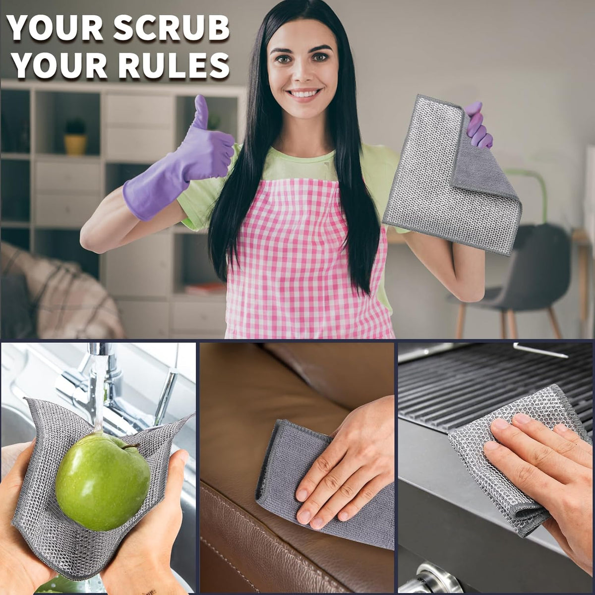 2 in 1 Stainless Steel Scrubber & Microfiber Cleaning Cloth, 10 Pack Towel & Steel Scrub Cloth for