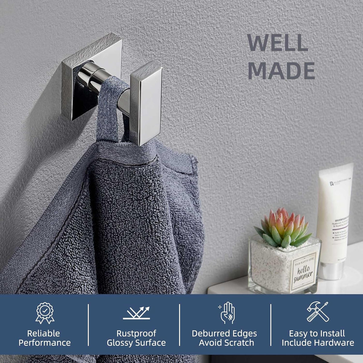 Angle Simple Towel Hook for Bathroom, SUS 304 Stainless Steel Robe Coat Hook, Hand Towel Holder