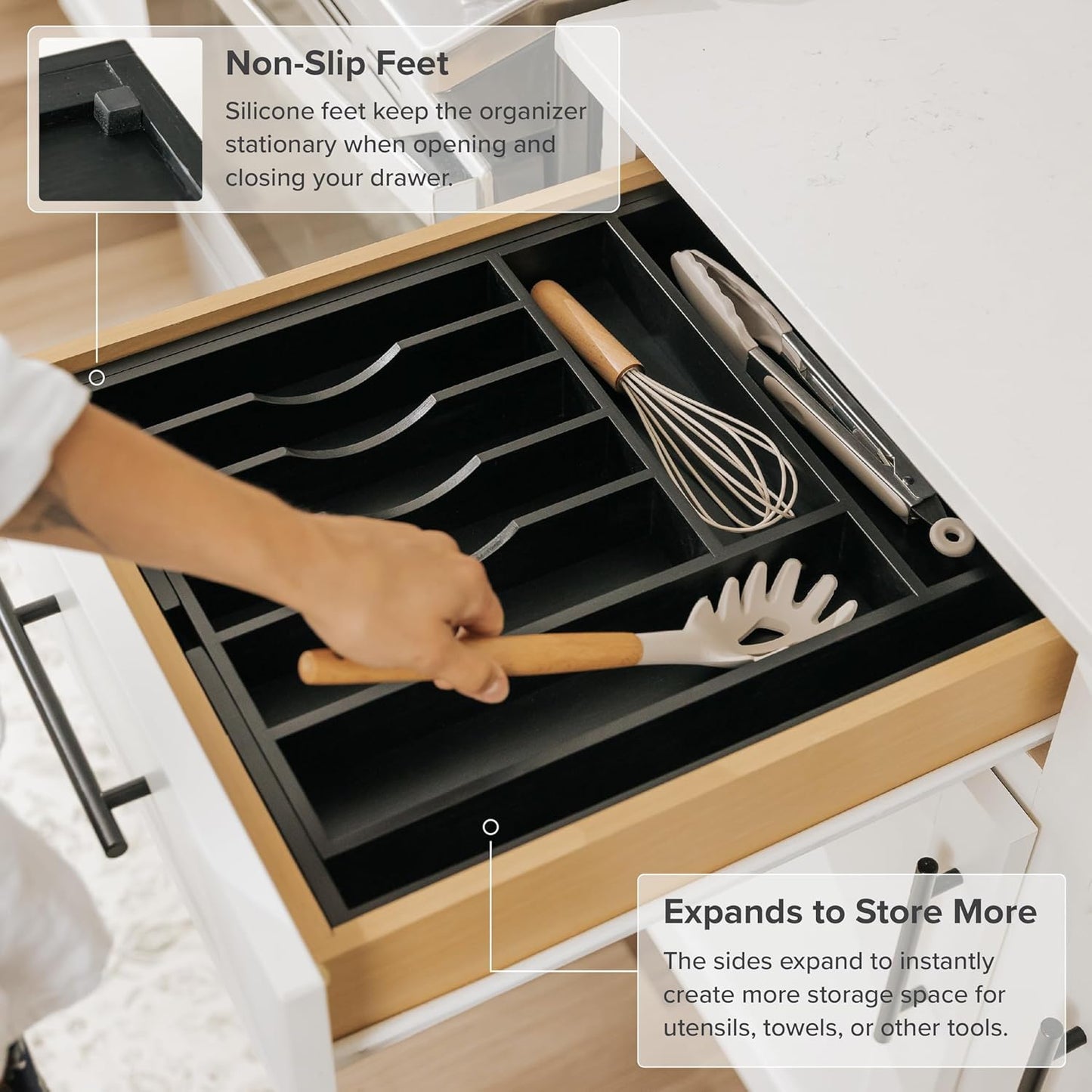 KitchenEdge Premium Silverware, Flatware and Utensil Organizer for Kitchen Drawers, Food-Safe