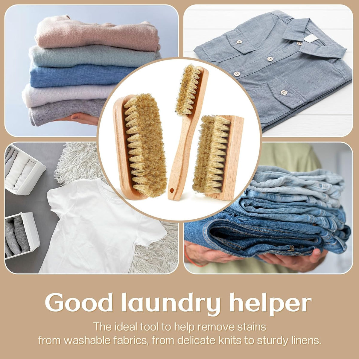 3 Pcs Wood Laundry Stain Brush Stain Remover Brushes with Boar Bristle Small Stain Brush for