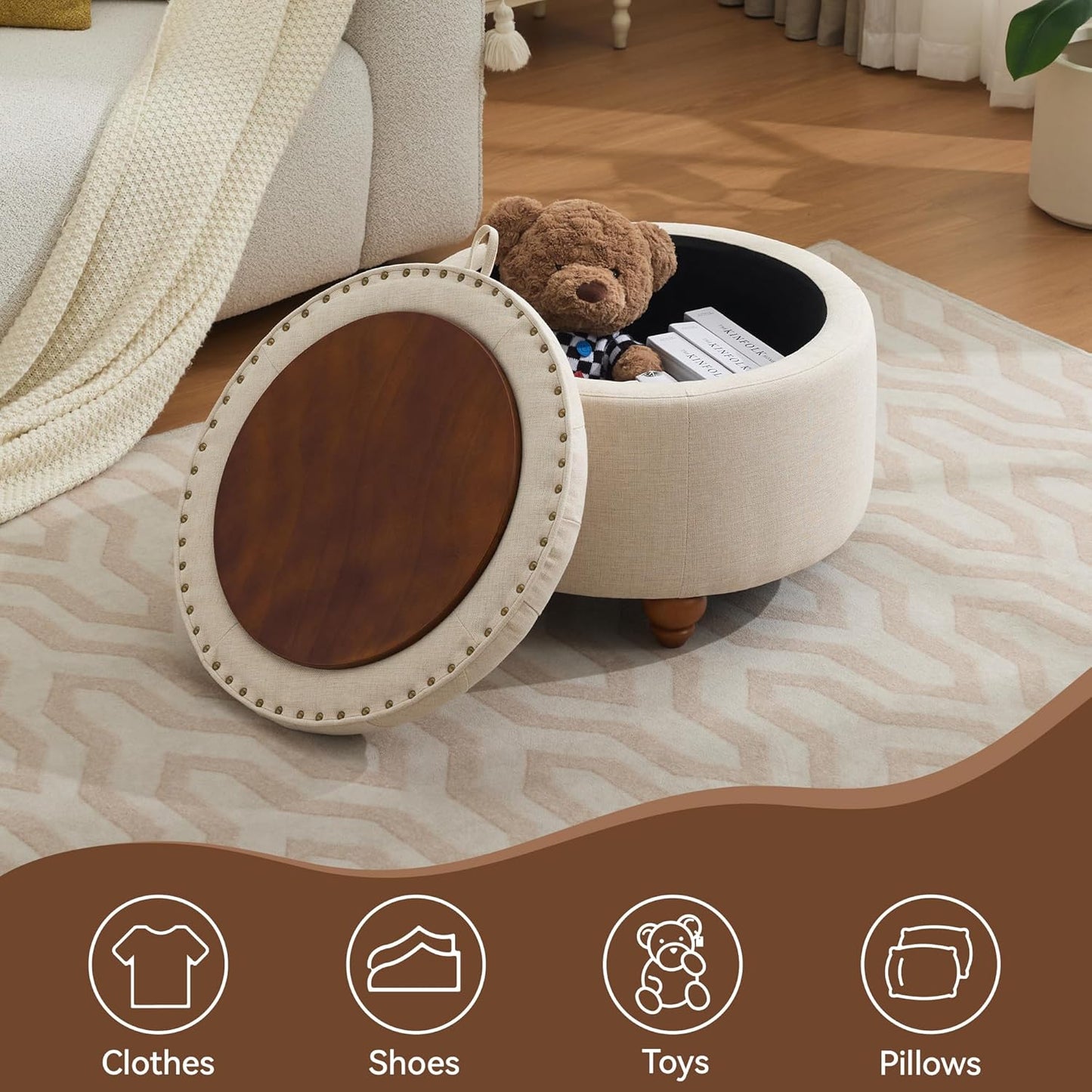 24Inch Round Storage Ottoman with Tray, Modern Tufted Fabric Circle Coffee Table with Storage