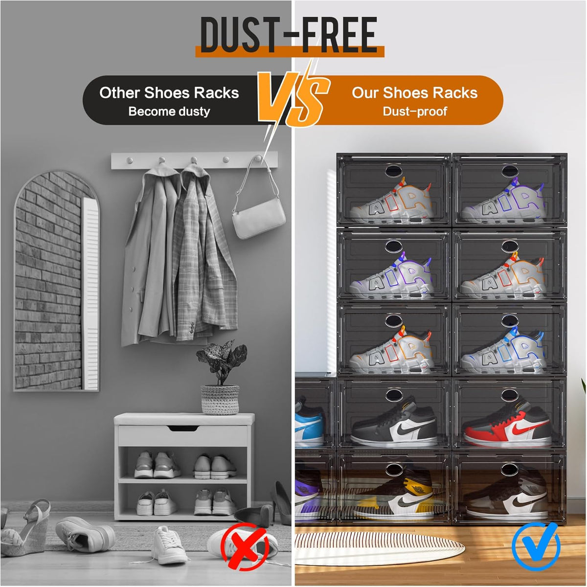 KEFA XL Shoe Storage Box Organizer, 8 Pack Shoe Boxes Clear Plastic Stackable, Sneaker Display Case