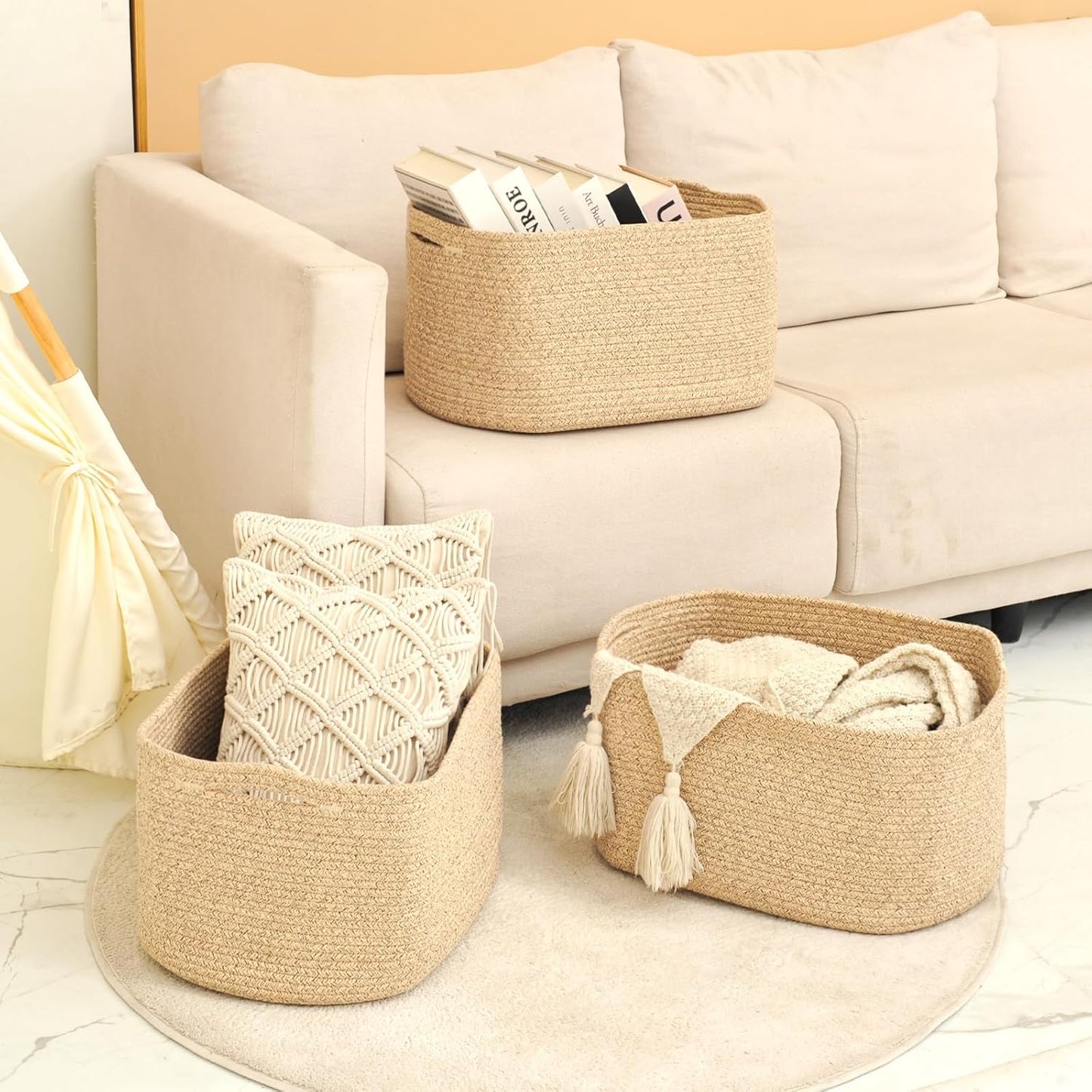Large Storage Baskets for Organizing Shelves, Woven Cotton Rope Bins for Baby Nursery Organization