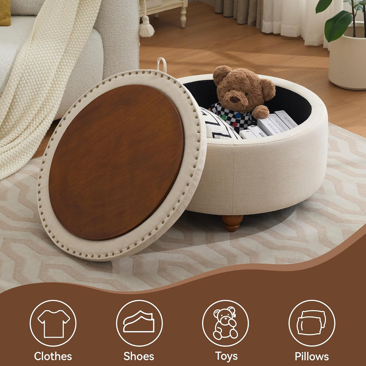 30Inch Round Storage Ottoman with Tray, Modern Tufted Fabric Circle Coffee Table with Storage