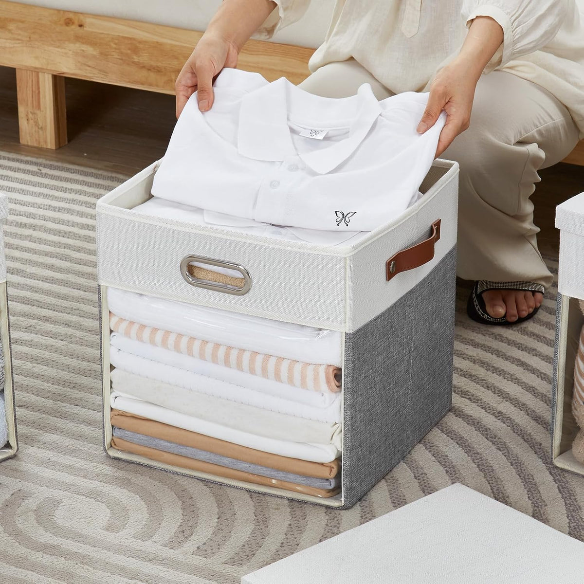 Fabric Storage Cubes with Clear Windows and Lids, 13'' Foldable Storage Bins with 3 Handles