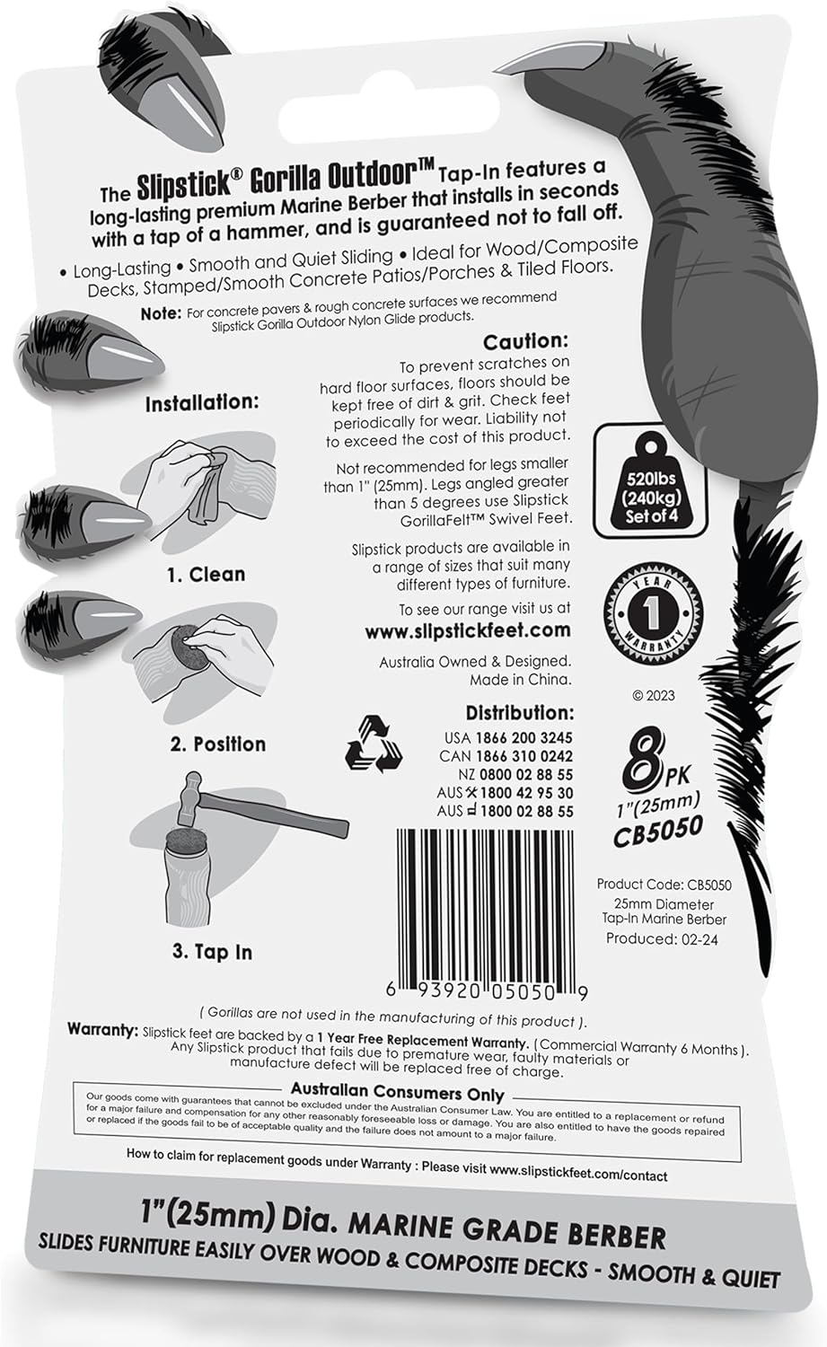Gorilla Outdoor 1 inch Furniture Feet Floor Protectors/Weatherproof Berber Glides (Set of 8) Hammer