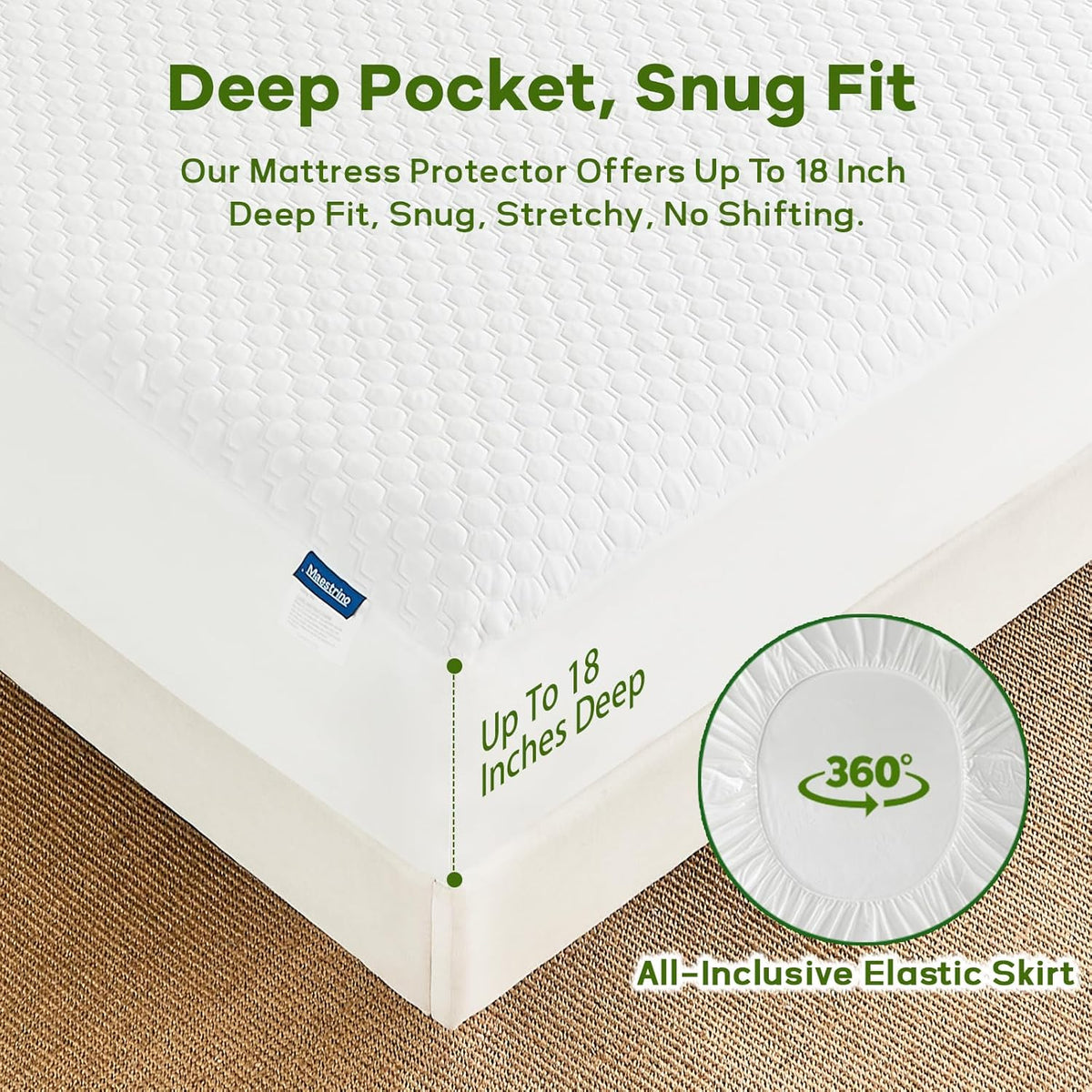 Premium Tencel Full Size Mattress Protector Cover in White, Natural and Skin Soft, Waterproof and