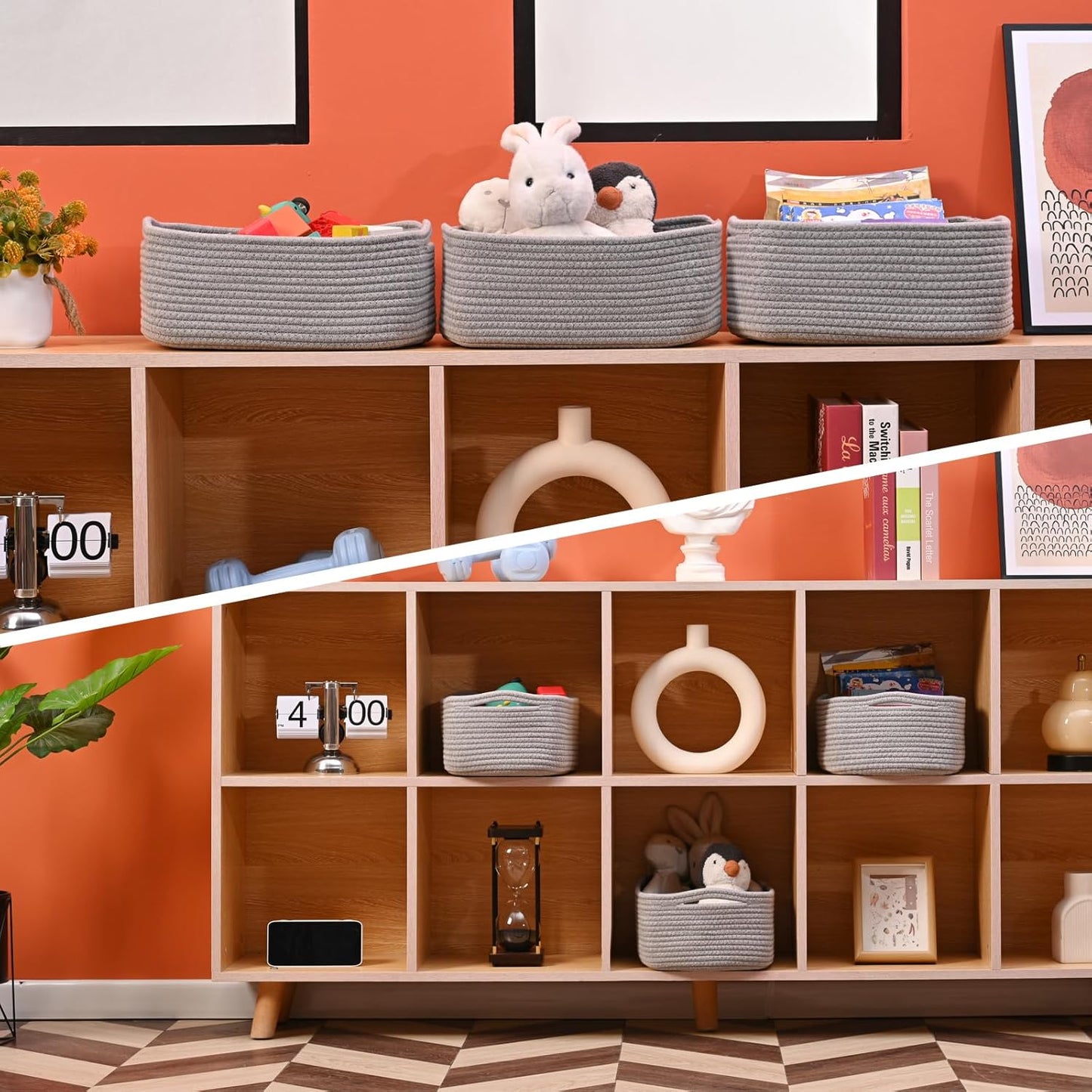 Small Grey Baskets for Organizing, Gray Storage Basket for Shelves, Woven Baskets for Storage