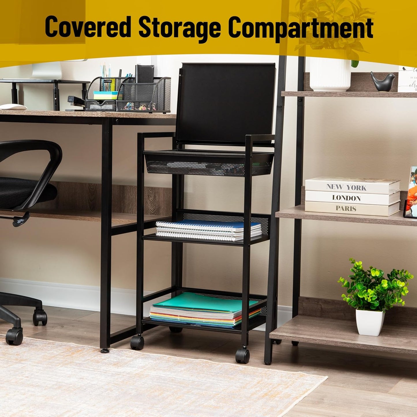 Mind Reader Cart with Covered Compartment, Office Organizer, Storage, 3-Tier, Office, Metal, 15.5"