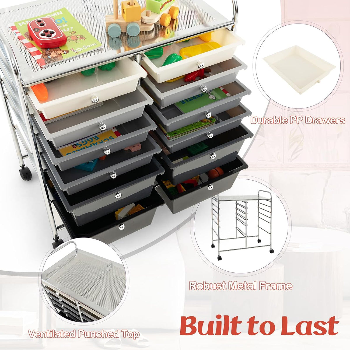 GOFLAME 12-Drawer Rolling Storage Cart, Multipurpose Organizer Cart with 2 Sizes Plastic Drawers