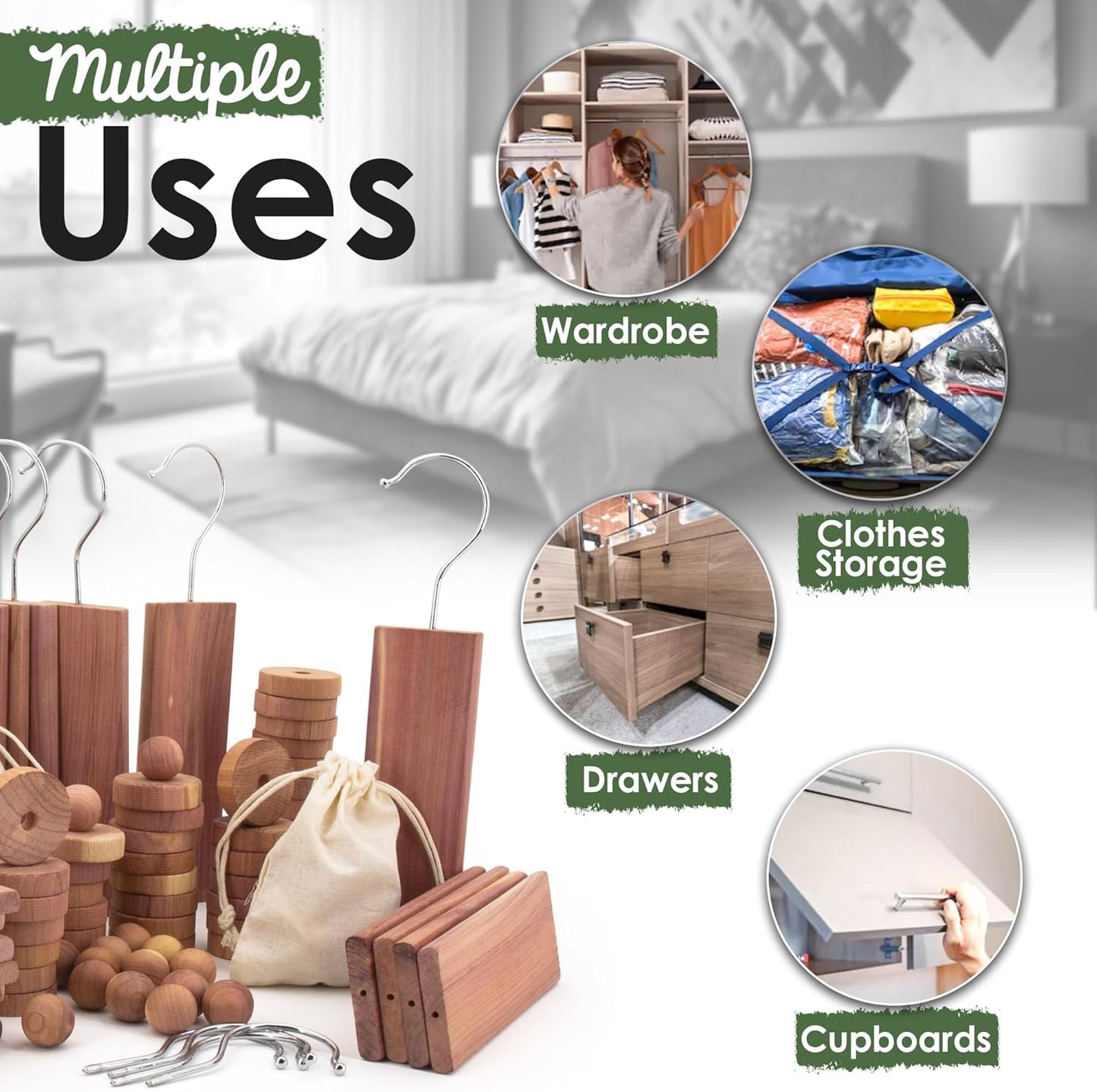 ecoKiwi Cedar Blocks for Clothes Storage Super Bundle Box - Cedar Hangers x10, Balls x30 & Rings